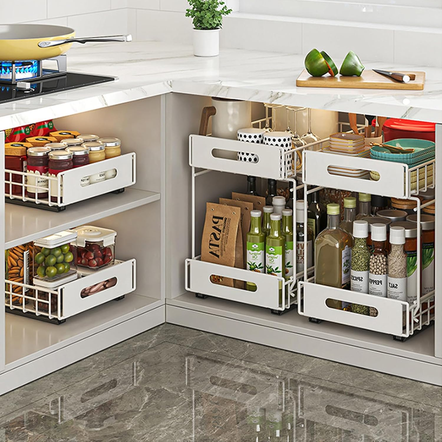 2-Tier under Sink Organizer and Storage, Adhesive Pull Out Cabinet Organizer, Peel and Stick Slide Out Drawer Shelf, Multi-Purpose Metal under Sink Storage Rack for Kitchen, Pantry, Bathroom (White) - Black image number 3