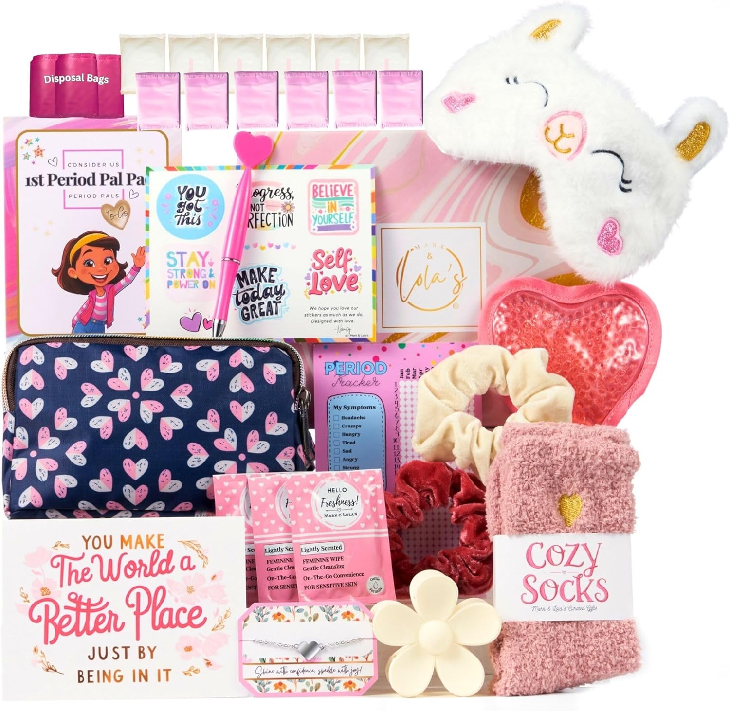 Mark and Lola&rsquo;S First Period Pal Pack To-Go Box | 31 Pcs | First Period Kit for Tweens | Teen Period Kit| Discrete Period Bag, Pads, Panty Liners, Period Kits for Tweens 10-12 (Hearts)