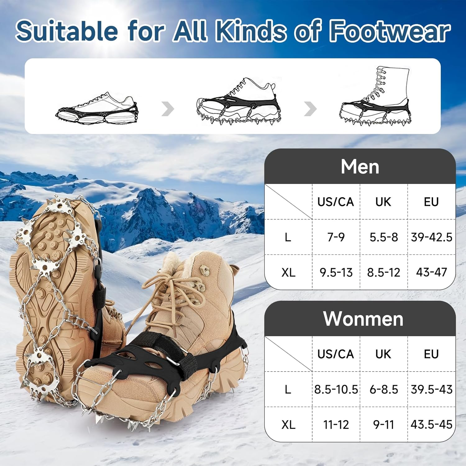 KOMCLUB Crampons Ice Cleats for Snow Boots and Shoes Traction Grips Women Men anti Slip 19 Stainless Steel Spikes Safe Protect for Hiking Walking Fishing Climbing Mountaineering Jogging L/XL image number 2