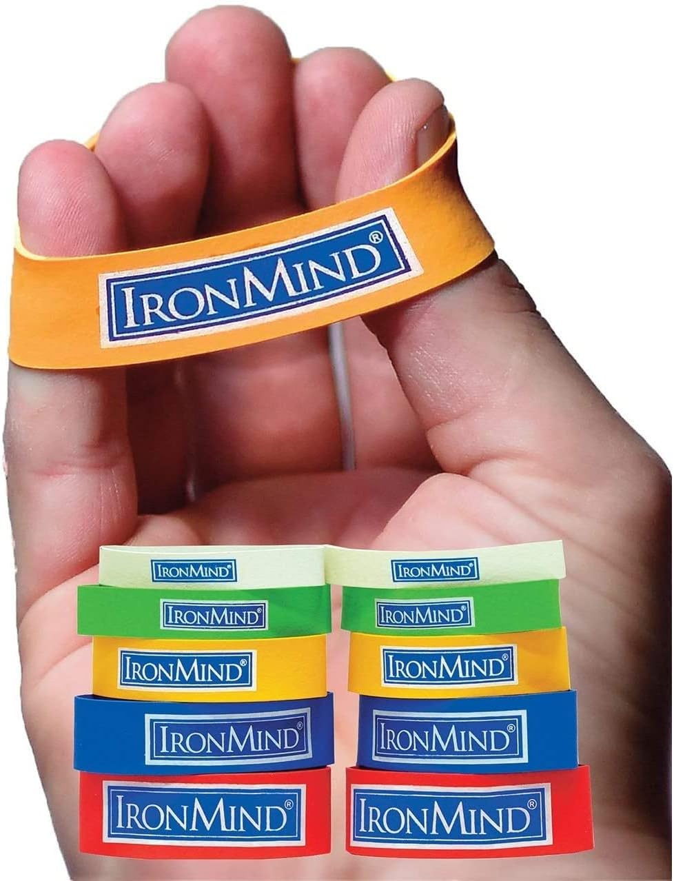 Ironmind Expand-Your-Hand Bands: Kiss Elbow Pains Goodbye - 10 Pack Hand Exercise Bands - Silicone - Red, Blue, Yellow, Green, White image number 1