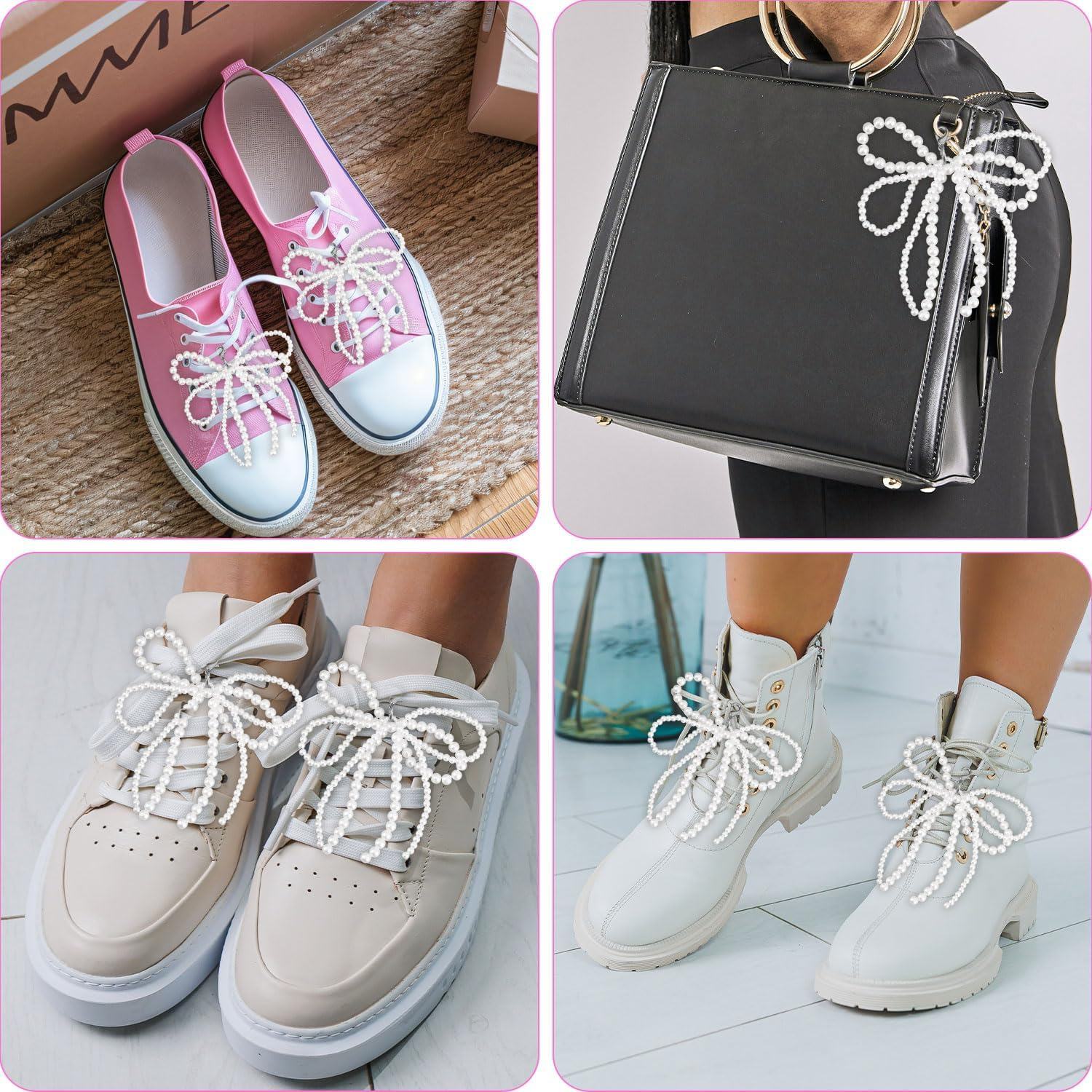 2 Pcs Pearl Bow Shoes Charm, Pearl Bowknot Keychain for Purse Shoe Decoration Cute Keychain for Women Key Ring Accessories for Shoes Clothing Sneakers Bag Shoelace, White