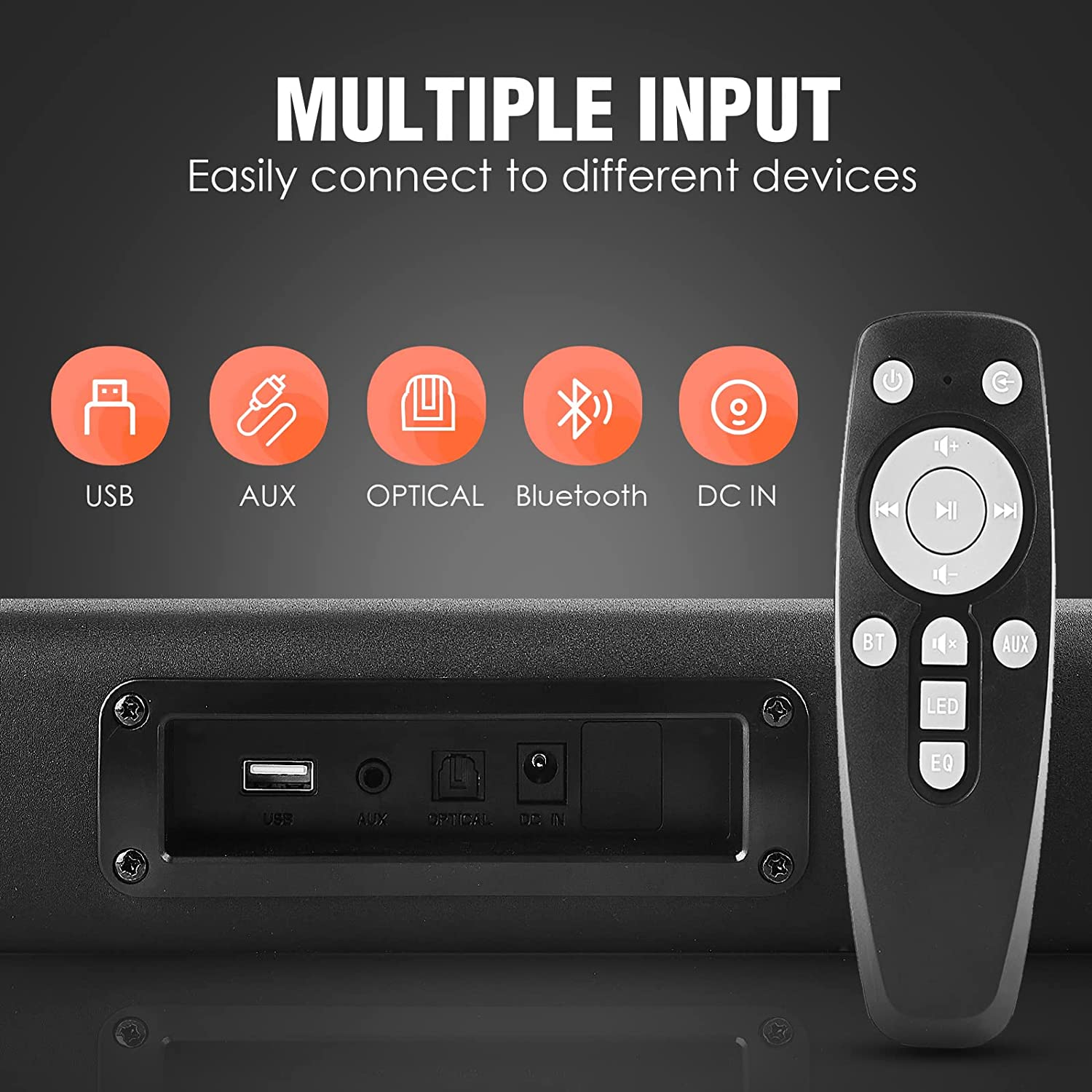Small Soundbar for TV, Aux Sound Bar 50W 16-Inch Ultra Slim Mini Surround Soundbar TV Speakers System with Wireless Bluetooth 5.0 Optical AUX USB Connection, 3 Equalizer Modes, for 4K & HD Tvs image number 3