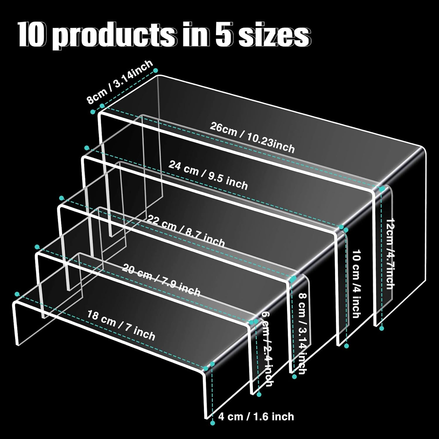 10 Pieces Clear Acrylic Display Risers Stand Rectangular Jewelry Display Stands Shelf Showcase Fixtures for Candy Dessert Cake Jewelry Figures Collections, 5 Sizes image number 3