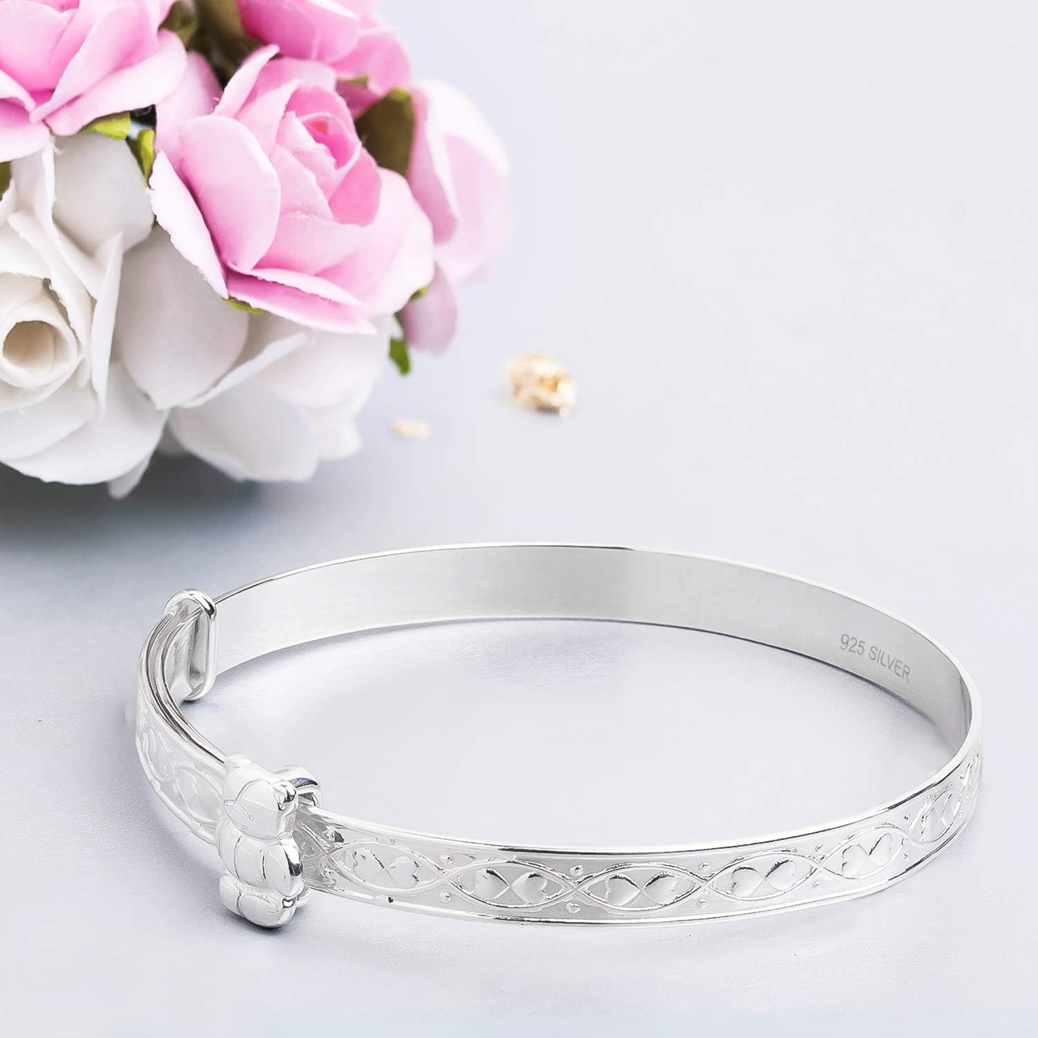 Children'S Bangle, 925 Sterling Silver Baby Bangle, Christening, Birthday Baby Shower, Expander Bracelet Gift, Baby Boy, Baby Girl 0-3Yrs, 40Mm to 50Mm, Sterling Silver Silver