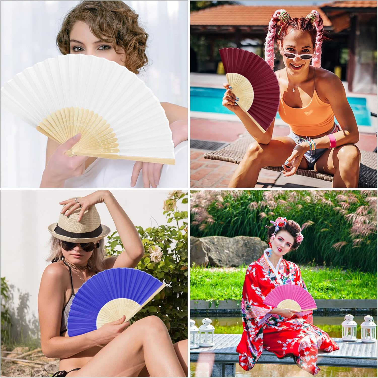 Homiliky 12 Pcs Folding Hand Fan, Silk Fabric and Bamboo Ribs Handheld Chinese Fan for Wedding Gift, Wall Decoration, Party Favor, DIY Wall (Mixed Colours), 6 Inch image number 6