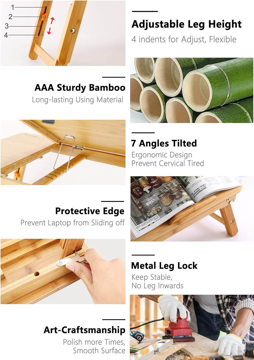 Laptop Desk Nnewvante Table Adjustable 100% Bamboo Foldable Breakfast Serving Bed Tray W' Tilting Top Drawer image number 2