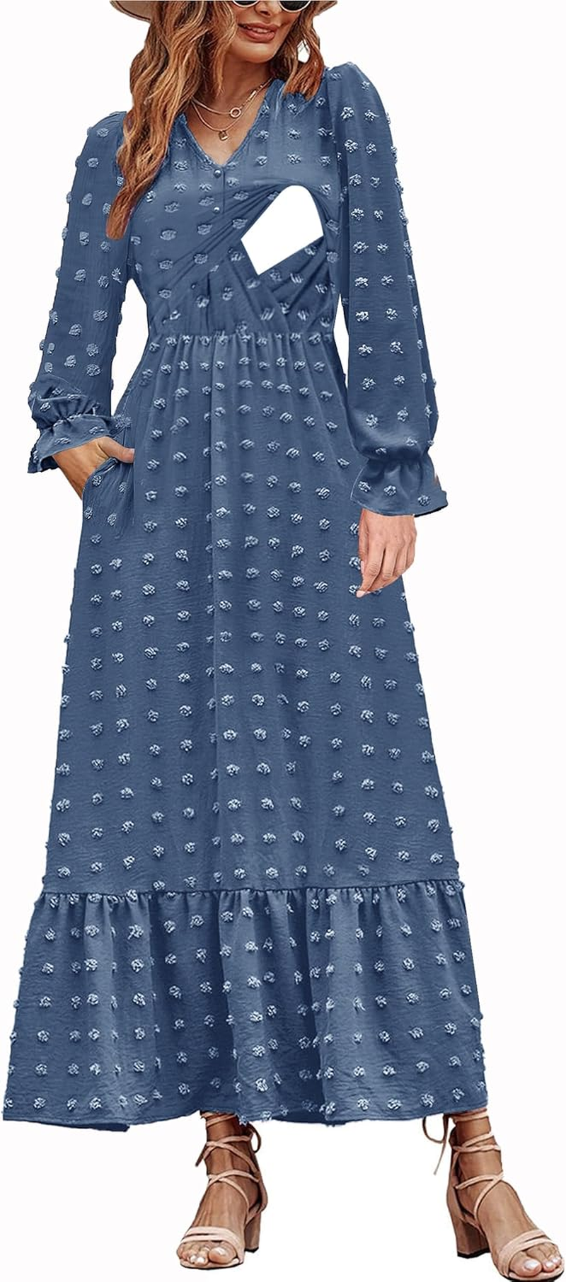 Women Nursing Boho Maxi Dress 2024 V Neck Swiss Dot Smocked High Waisted A-Line Ruffle Tiered Long Dress with Pockets