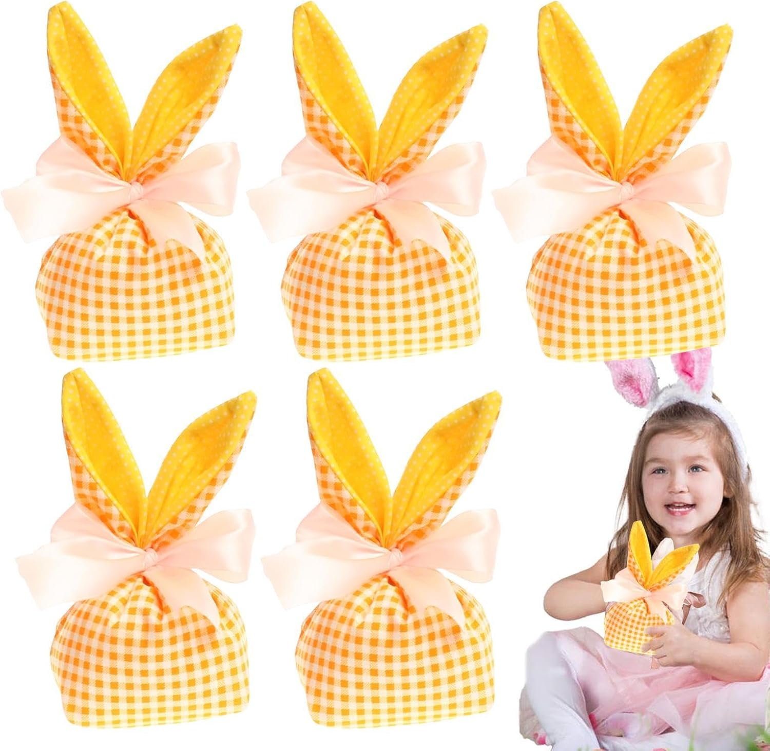 Easter Bunny Treat Bags,Bunny Ears Goodie Bags Candy Storage | 5X Gift Pouches Reusable with Bow, Party Favors, Easter Decorations Party Supplies for Packaging - A image number 4