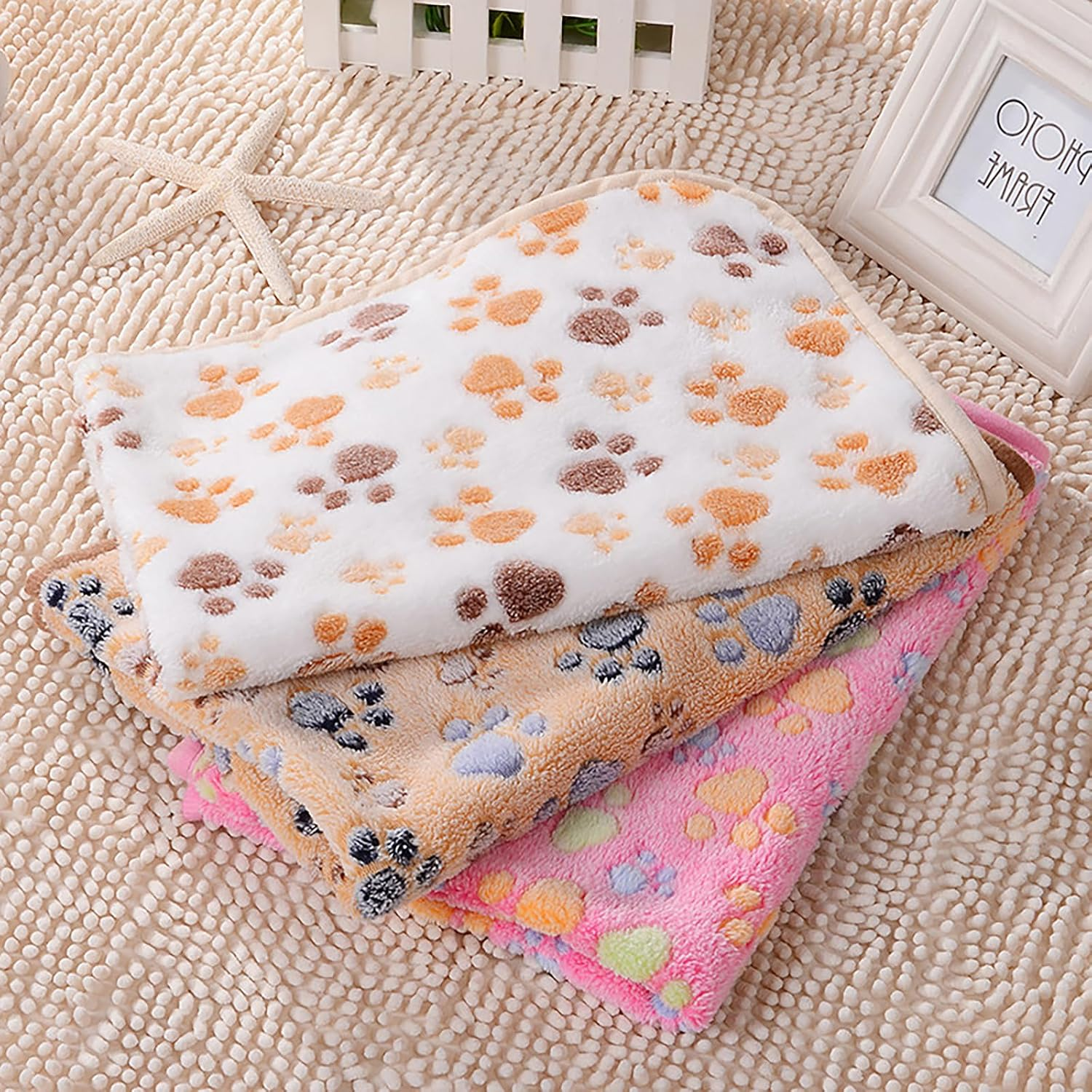 Pack of 16 Dog Blankets for Small Pets, Fluffy Fleece Blanket with Paw Pattern, Soft Flannel Blanket for Dog, Cat, Guinea Pig, Rabbit, Hamster - Sleeping Blanket, Cuddly Blanket 60 X 40 Cm, Bu image number 1