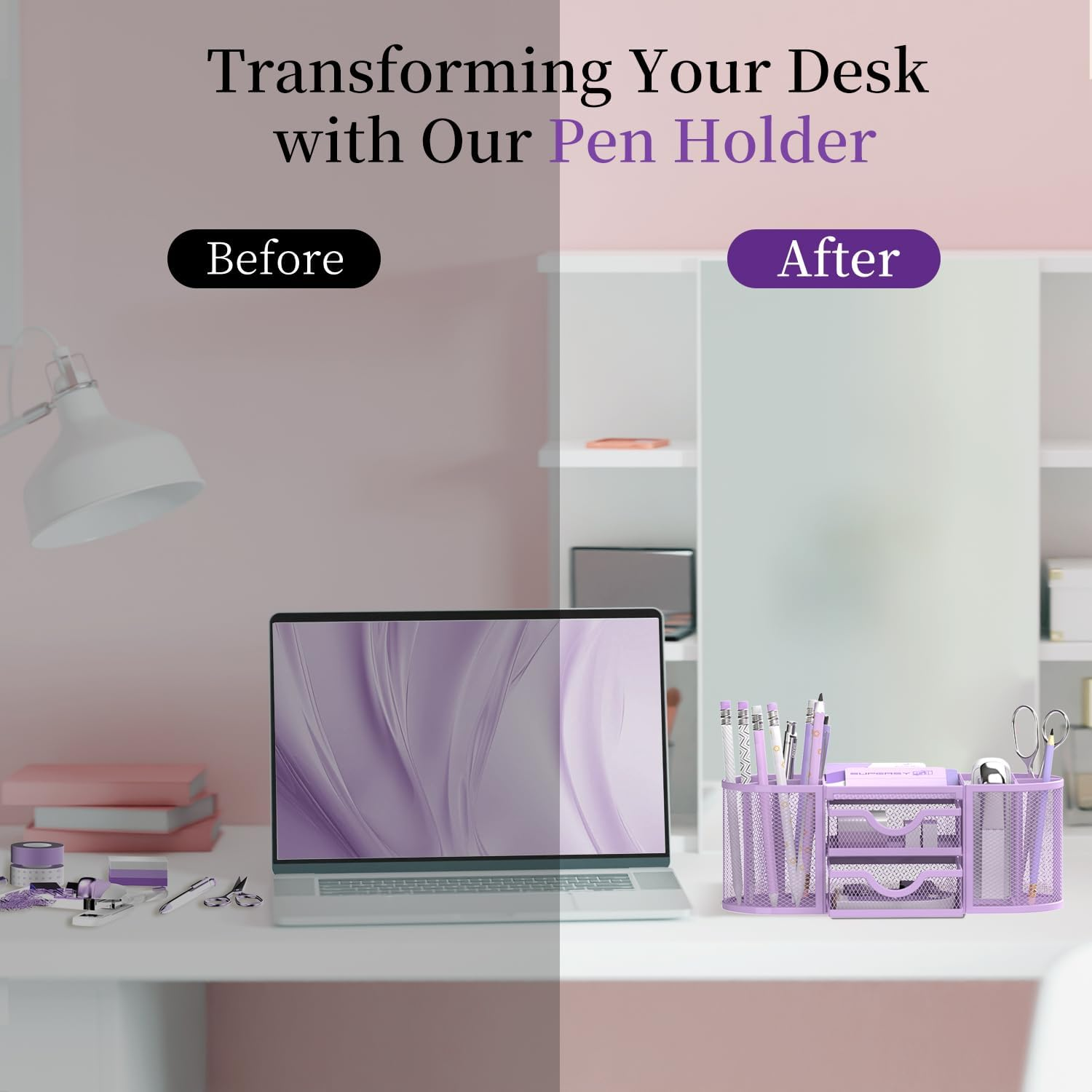 SUPEASY Mesh Desk Organizer, Desk Organizers and Accessories, Pen Holder with Drawers, Pencil Holder for Desk with 2 Drawer for Office Supplies, Purple image number 5