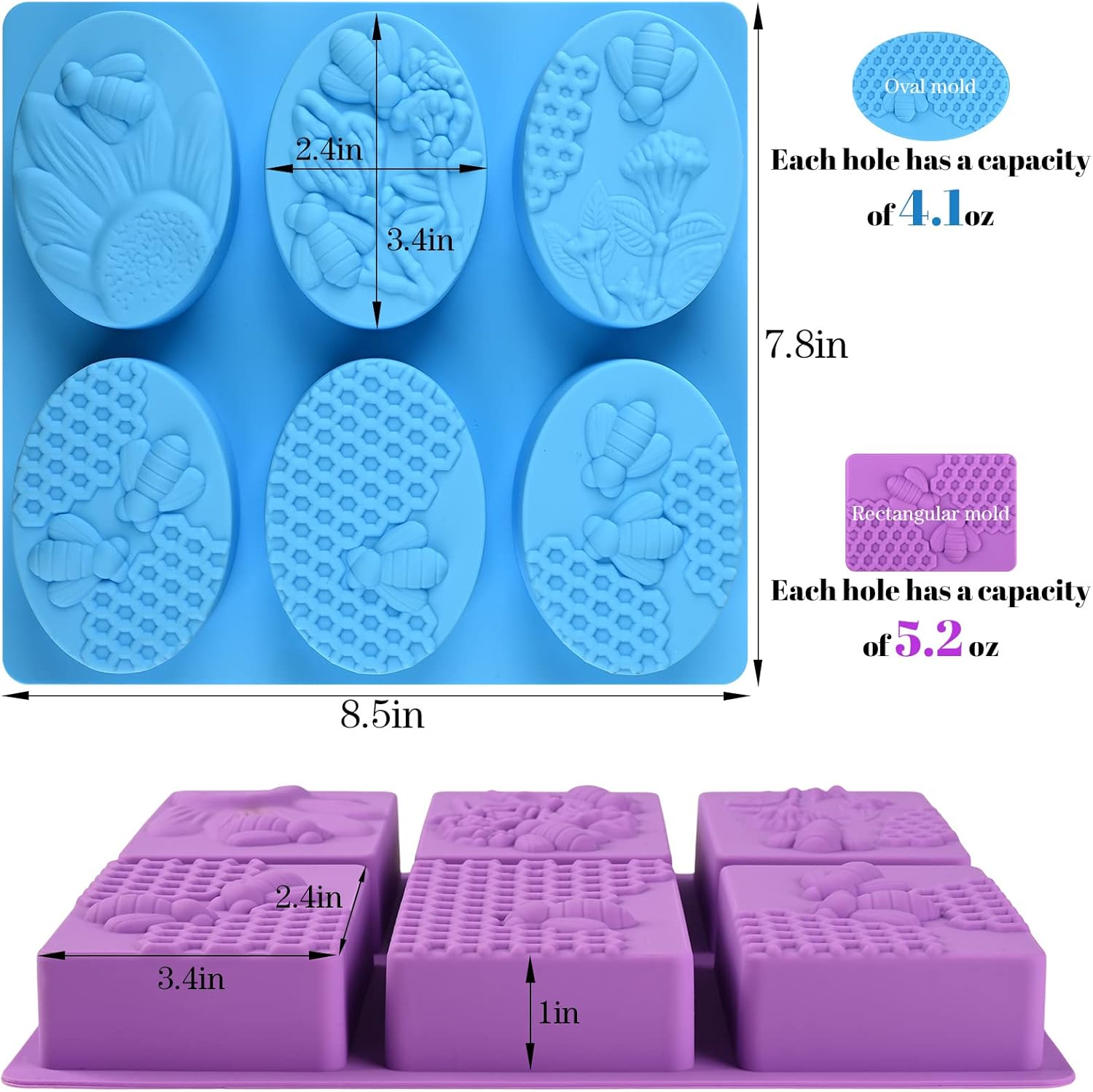 Sakolla 2 Pack 6 Cavity Bee Silicone Soap Molds Rectangle Oval Honeycomb Silicone Molds Loaf Handmade Molds for Soap Making Supplies DIY Wax Melts, Beeswax, Cake Chocolate Bakeware image number 5