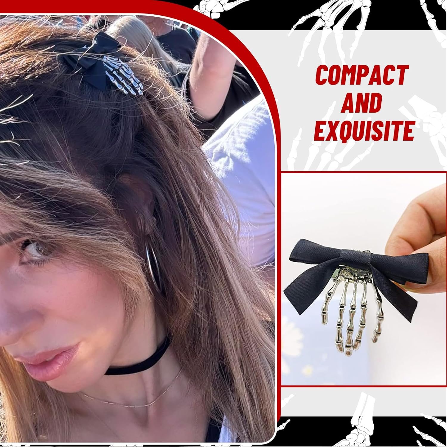 Charmburst Pack of 2 Skeleton Hand Hair Clips with Bow, Skull Hair Claw for Girls, Gothic Hair Accessories, Spider Hair Clip, Emo Y2K Accessories, Spider Web Claw Clip image number 5