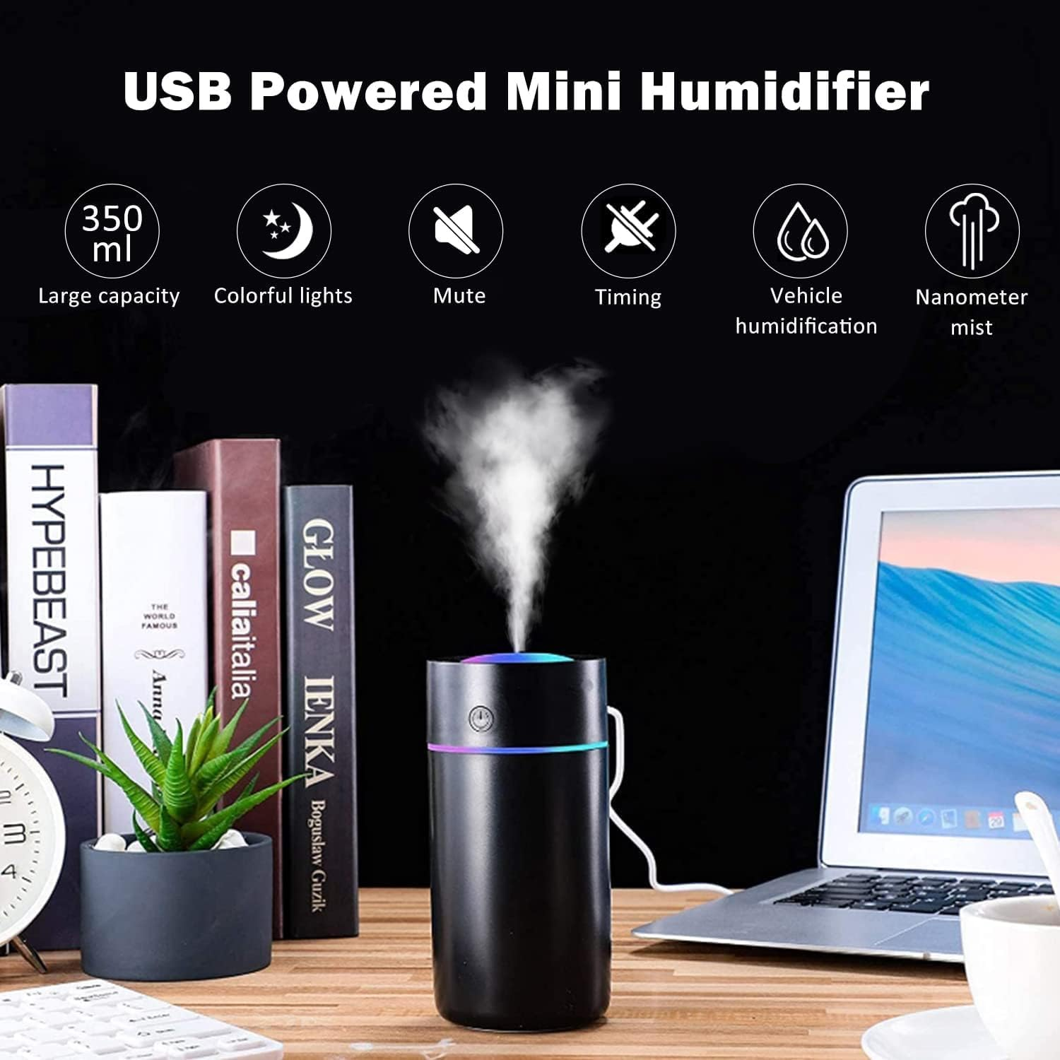 Humidifiers for Bedroom Portable Mini Humidifier with 7-Color Lights, Auto Shut-Off Small Desk Humidifier [2 Mist Modes] Super Quiet USB Personal Humidifier for Bedroom, Car, Office, Travel, Plants image number 5