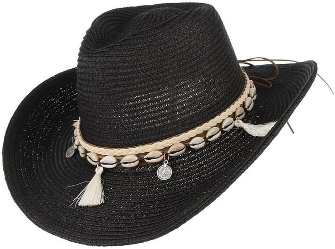 Women Men&rsquo;S Cowboy Hat Western Summer Straw Hat for Girls with Wide Brim & Shell Tassels Trendy Lady Beach Sun Hats image number 2