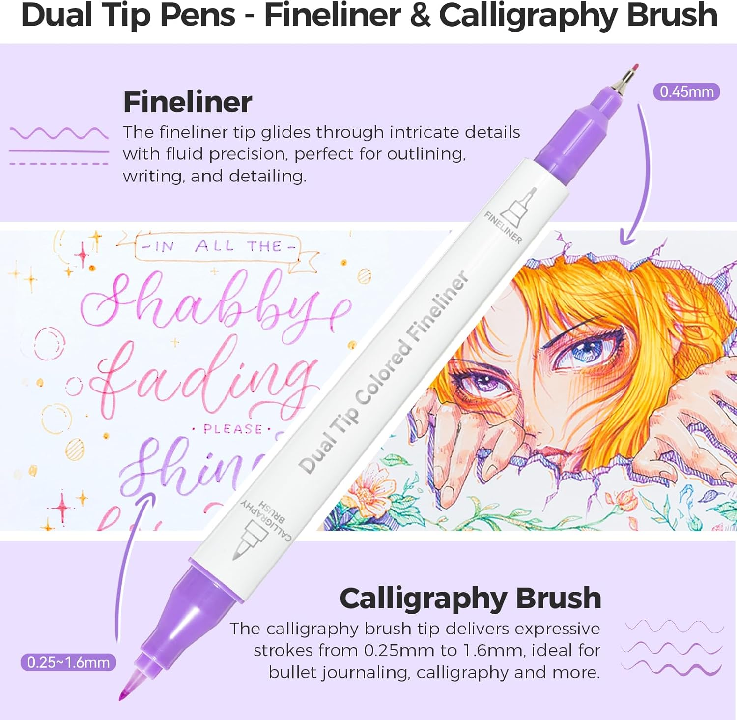 Ohuhu Brush & Fineliner Dual Tips Colored Drawing Pens, 12 Colors Waterproof & Alcohol-Proof Calligraphy Brush Micro Pens for Adults, Artists & Beginners Drawing Sketching Bullet Journal Outlining image number 1