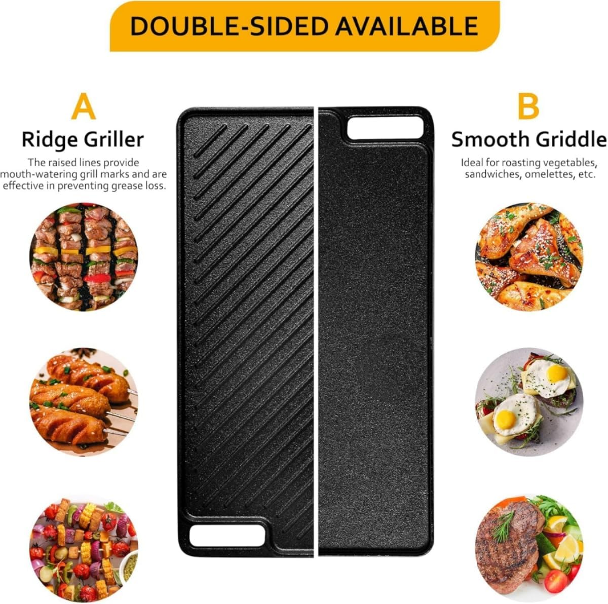 Cast Iron Reversible Grill Plate, Double-Sided Griddle Pan with Tongs & Gloves, Rectangular Grilling Pan for Stove Tops, Gas Grills, Outdoor Cooking, 46&times;25Cm image number 4