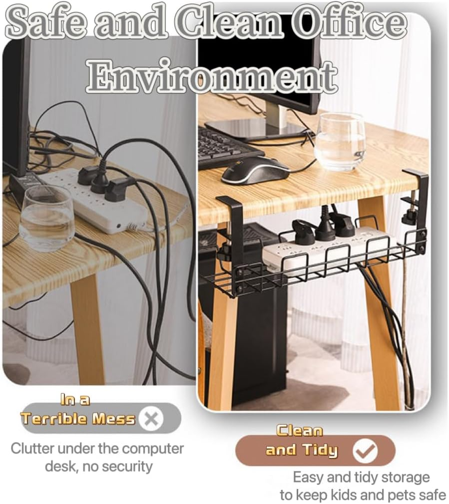 2 Pack under Desk Cable Management Tray No Drill, Underdesk Cable Organiser for Cable Management, Ultra-Rugged Desktop Cable Rack with Clips, Standing Desktop Cable Manager (15.75" Black) image number 6