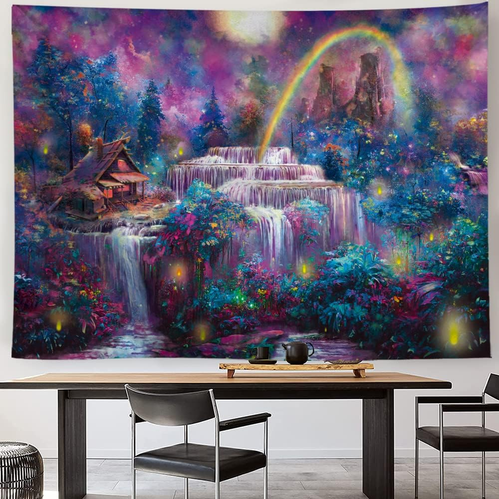 Wonrizon Blacklight Fantasy Forest Tapestry, Waterfall Rainbow Misty Jungle Plants Tapestries UV Reactive Wall Hanging Glow in the Dark Nature Landscape Decor for Bedroom Living Room (Waterfall image number 4
