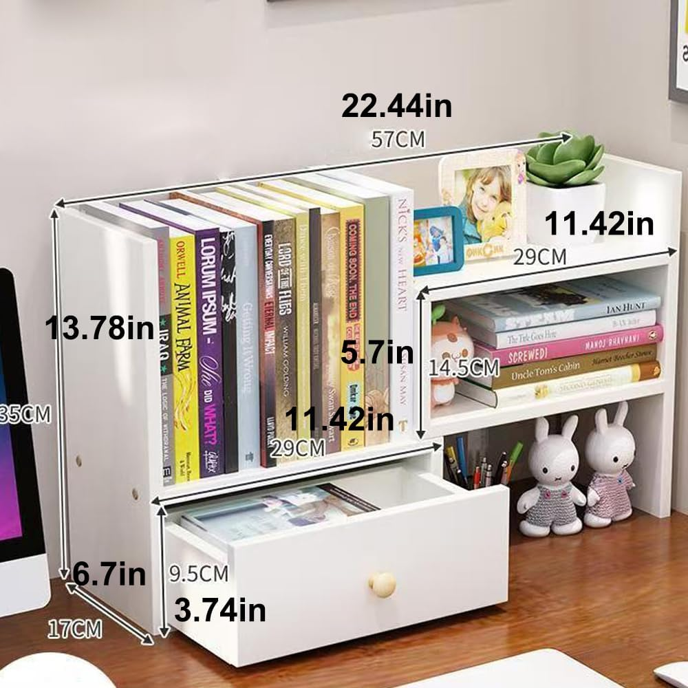 Hbluefat Desktop Organizer Rack with Drawer, Small Adjustable Wood Tabletop Bookshelf/Bookcase, Multipurpose Desk Display Storage Shelf for Home Office (White) image number 6