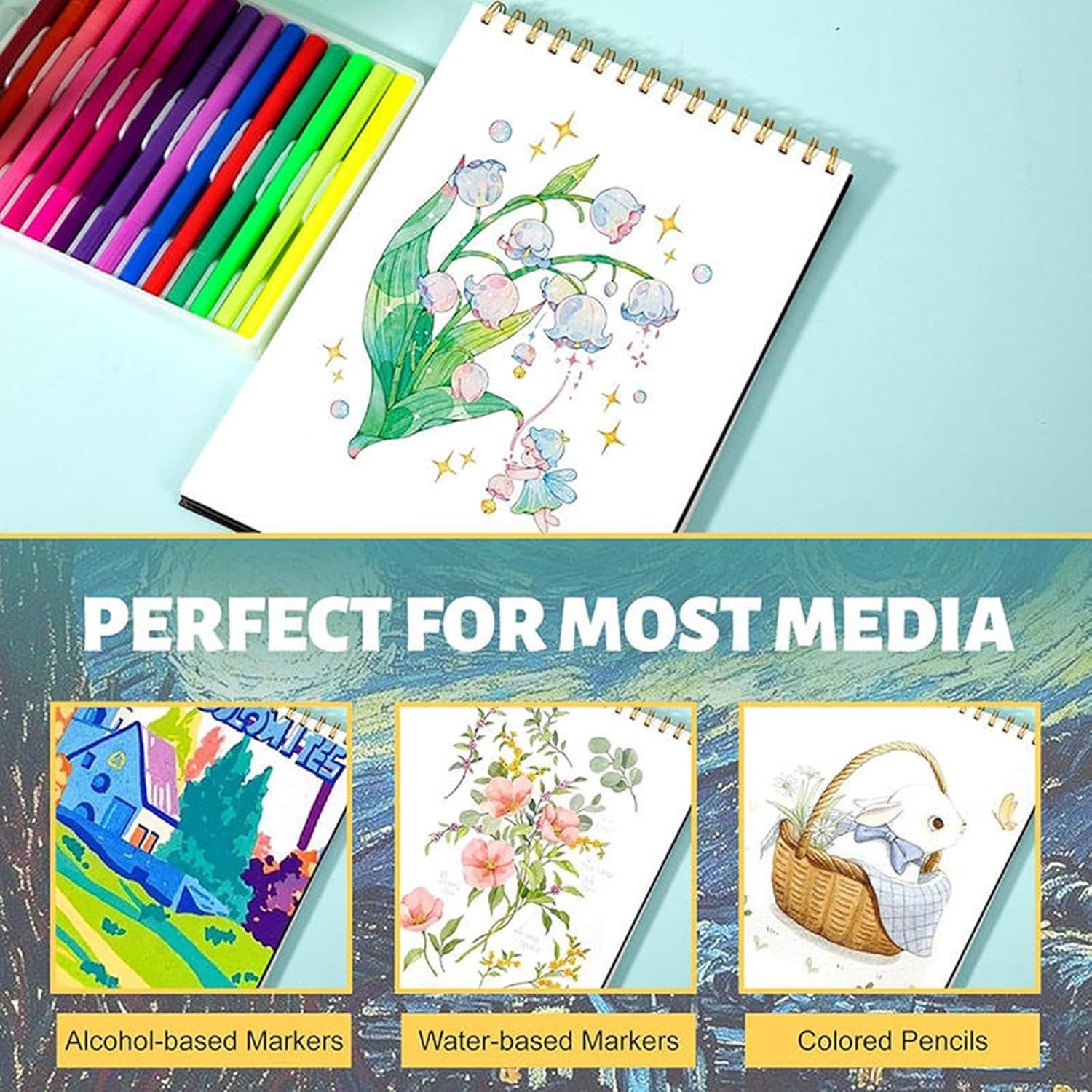 Marker A4 Landscape Hardback Sketch Book 60 Sheets 110GSM, with Spiral Bind, This Pad Is Great as Marker Pad Alcohol-Based or Water-Based, as Well as Pencil Sketching image number 1