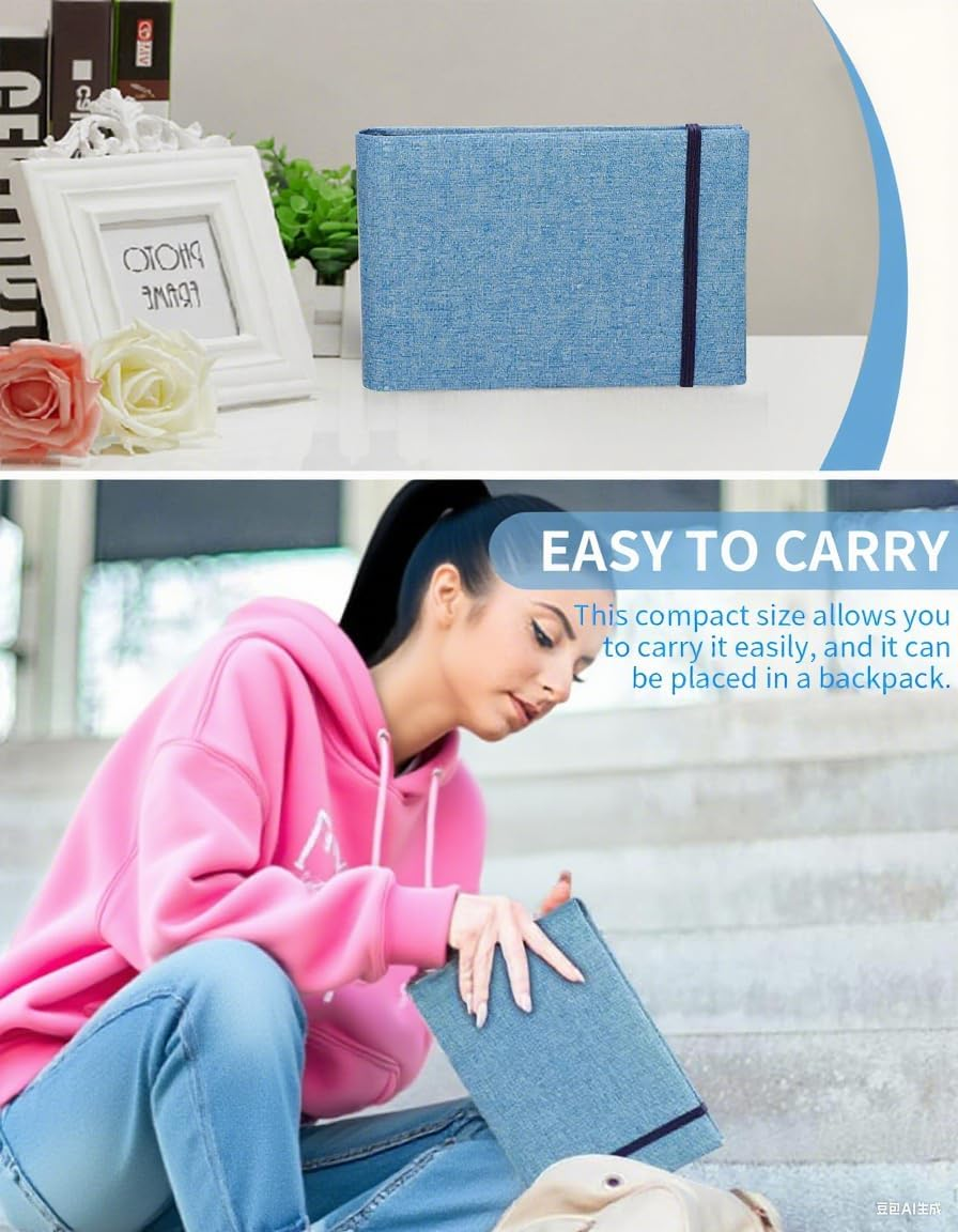 Mini Photo Album, 4X6Inch 100 Photos Pockets Linen Cover Scrapbook for Artwork Postcards Pictures Storage, Baby Tethered Picture Album Binder for Gifts, Small DIY Photos Books to Record Memories (BL) image number 5