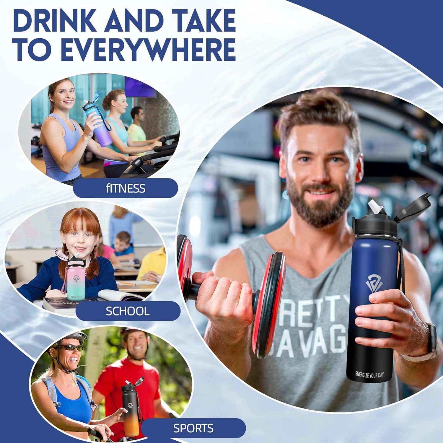 Vikastar Drinking Bottle, 1 Litre Leak-Proof, Sports Water Bottle, with Time Marking & Straw, Bottles, Carbonated Drinking Bottle, Suitable for School, Bicycle, Blue Black image number 2