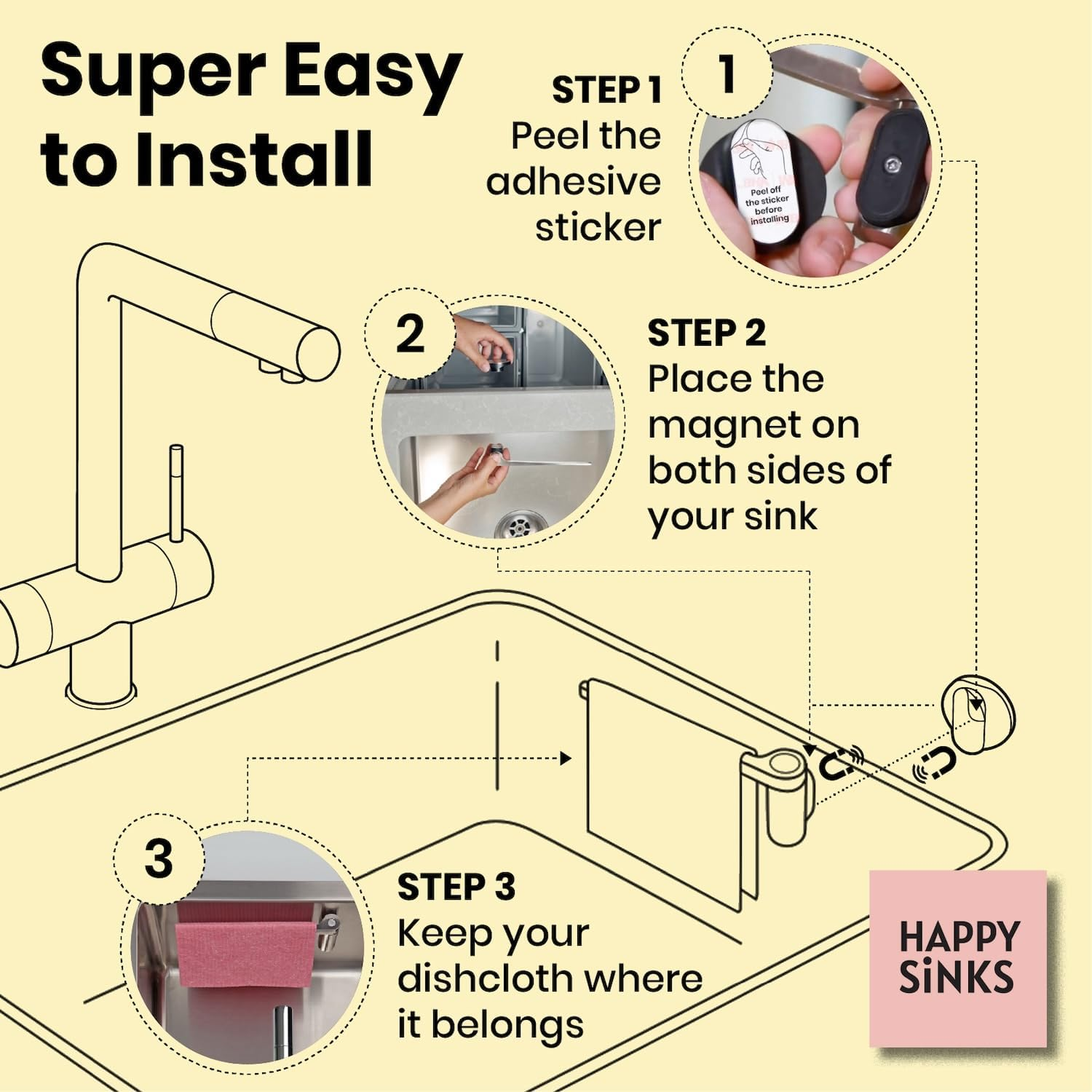 HAPPY SINKS Magnetic Dish Cloth Holder for Kitchen Sink - Works on Steel, Metal Sinks - Dish Rag Hanger with Strong Magnetic Backing Durable and Sustainable Kitchen Solution (Composite)