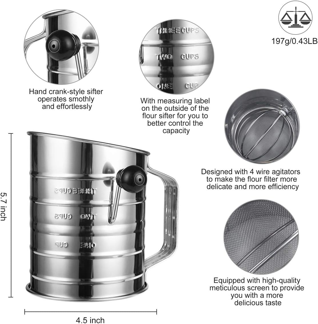 Flour Sifter for Baking Stainless Steel 3 Cup with 4 Wire Agitator Rotary Hand Crank 16 Fine Mesh Screen,Corrosion Resistant Baking Sieve Cup image number 6