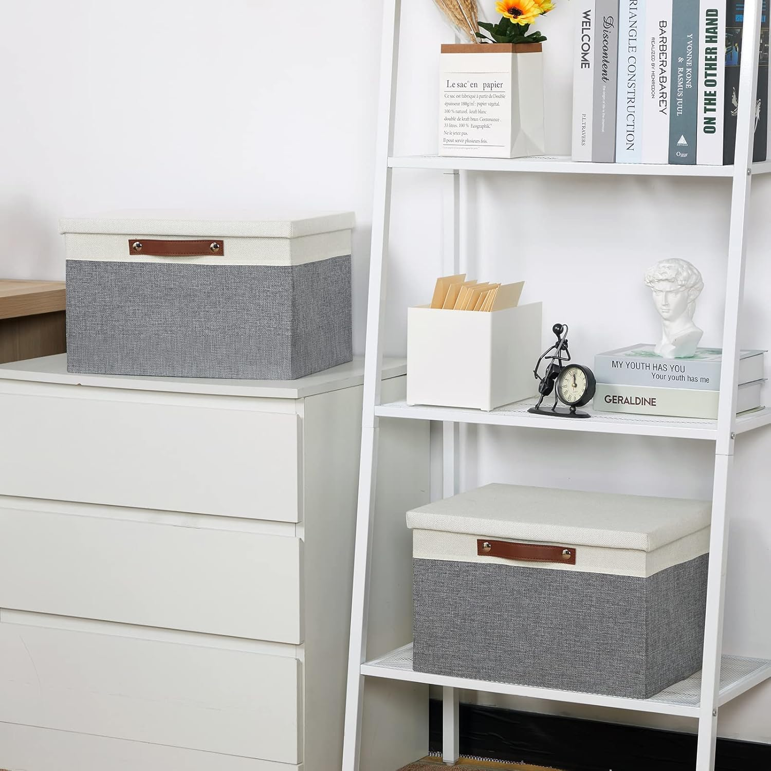 Temary Collapsible Storage Bins Storage Boxes with Lid, 2 Pack Storage Baskets with Lid Decorative Storage Clothes, Toys, Organizer Bins with Handles (White&Gray, 15X11X9.5Inch) image number 7