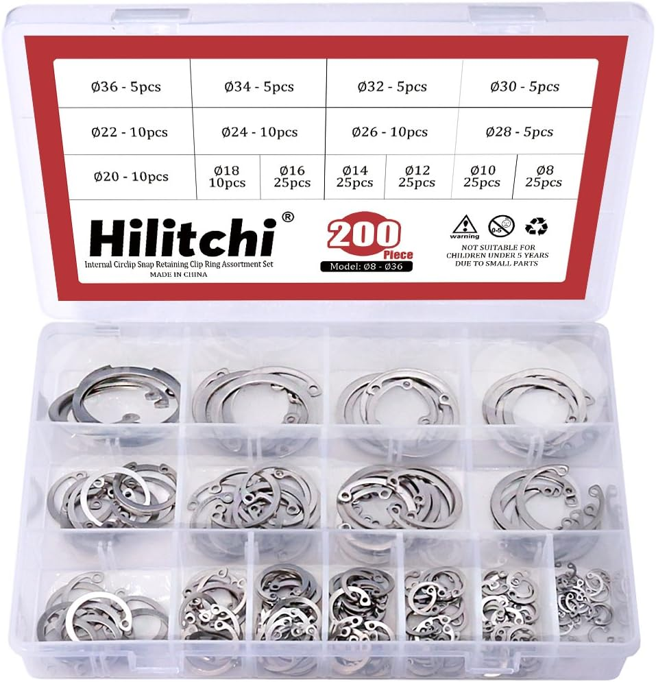 Hilitchi 200-Pcs [15-SIZE] Internal Circlip Snap Retaining Clip Ring Assortment Set - 304 Stainless Steel
