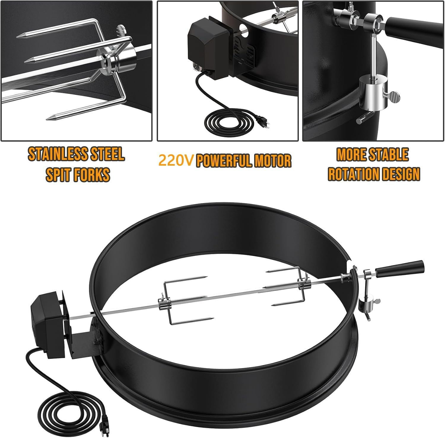 Charkettle Rotisserie Ring Kit for Weber 22-Inch Kettle Charcoal and Other Similar Size Grills, Black Coated Steel BBQ Grill Rotisserie Kit Replacement for Weber 2290 image number 2