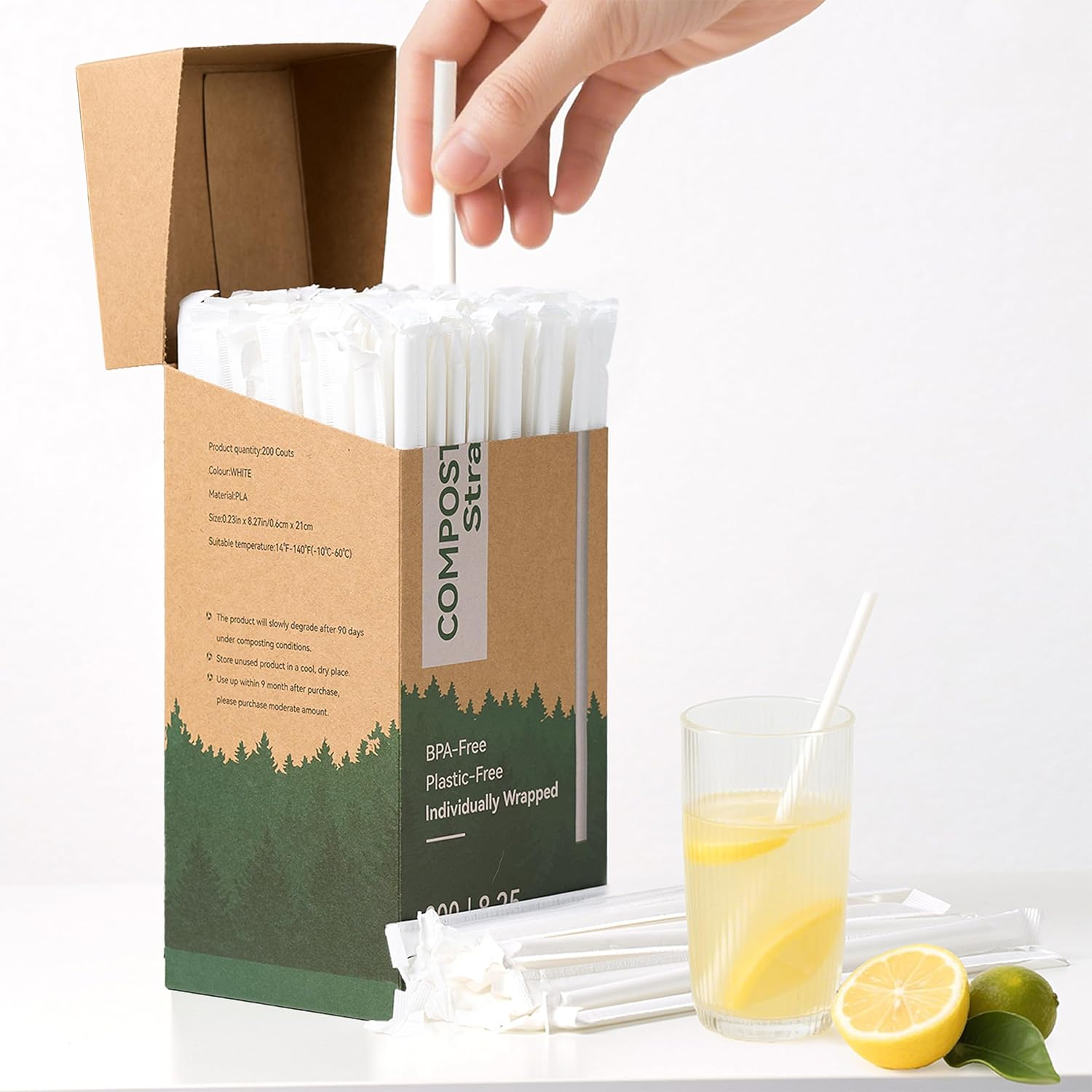 JENCENBIO 200 PCS 20Cm Straws Compostable Reusable Straw Drinking Individually Wrapped Suitable for Various Drinks Juice Milk, Tea Daily Use White