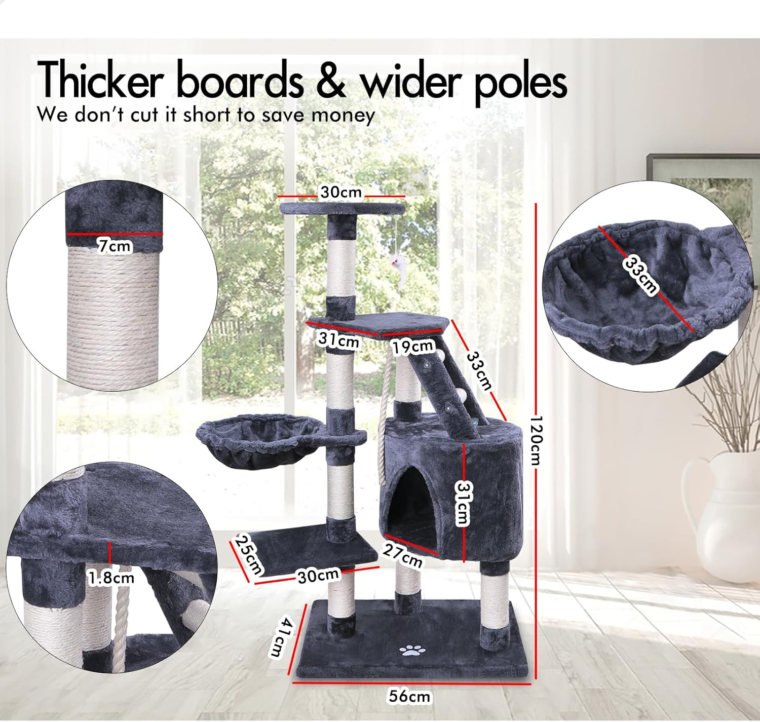 BEASTIE Cat Tree Scratching Post Scratcher Tower Condo House Furniture Wood 120 Cm High Grey Colour image number 3