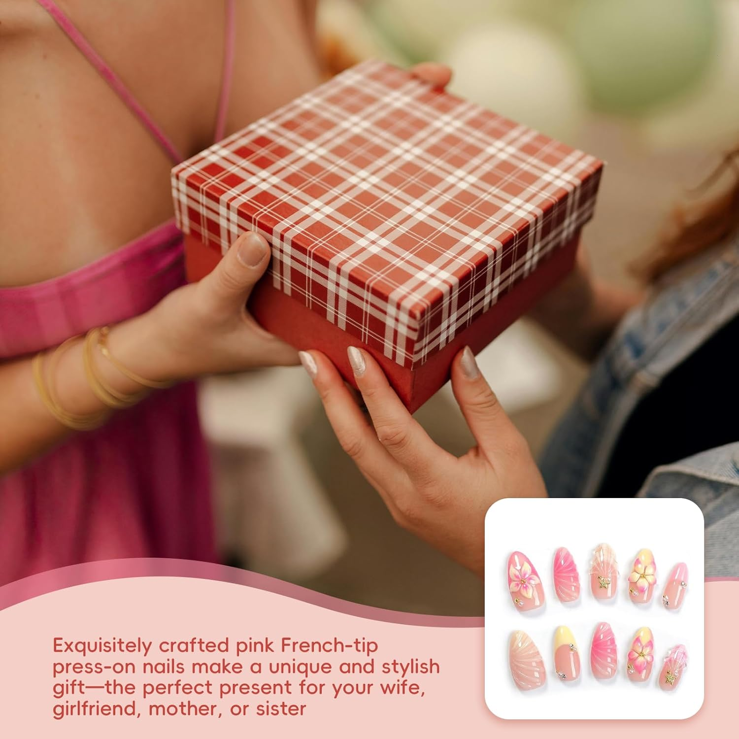 Xlihdzum French Tip Press on Nails Medium Almond - 3D Hawaii Hibiscus Flower Acrylic Fake Nails with Gold Shell Starfish Design | Glossy Glue on Nails for Women - Elegant and Durable Fake Nails image number 5