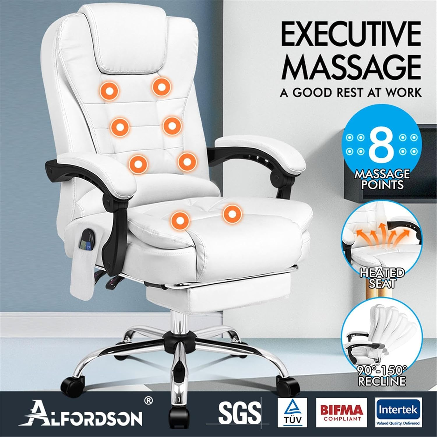 ALFORDSON Ergonomic Office Chair with 150&deg; Recline & Footrest, Computer Desk Chairss with Massage & Heated Seat, Executive Swivel Leather Video Game Chair, Max 180Kg (Dale White) - Fabric Black image number 7