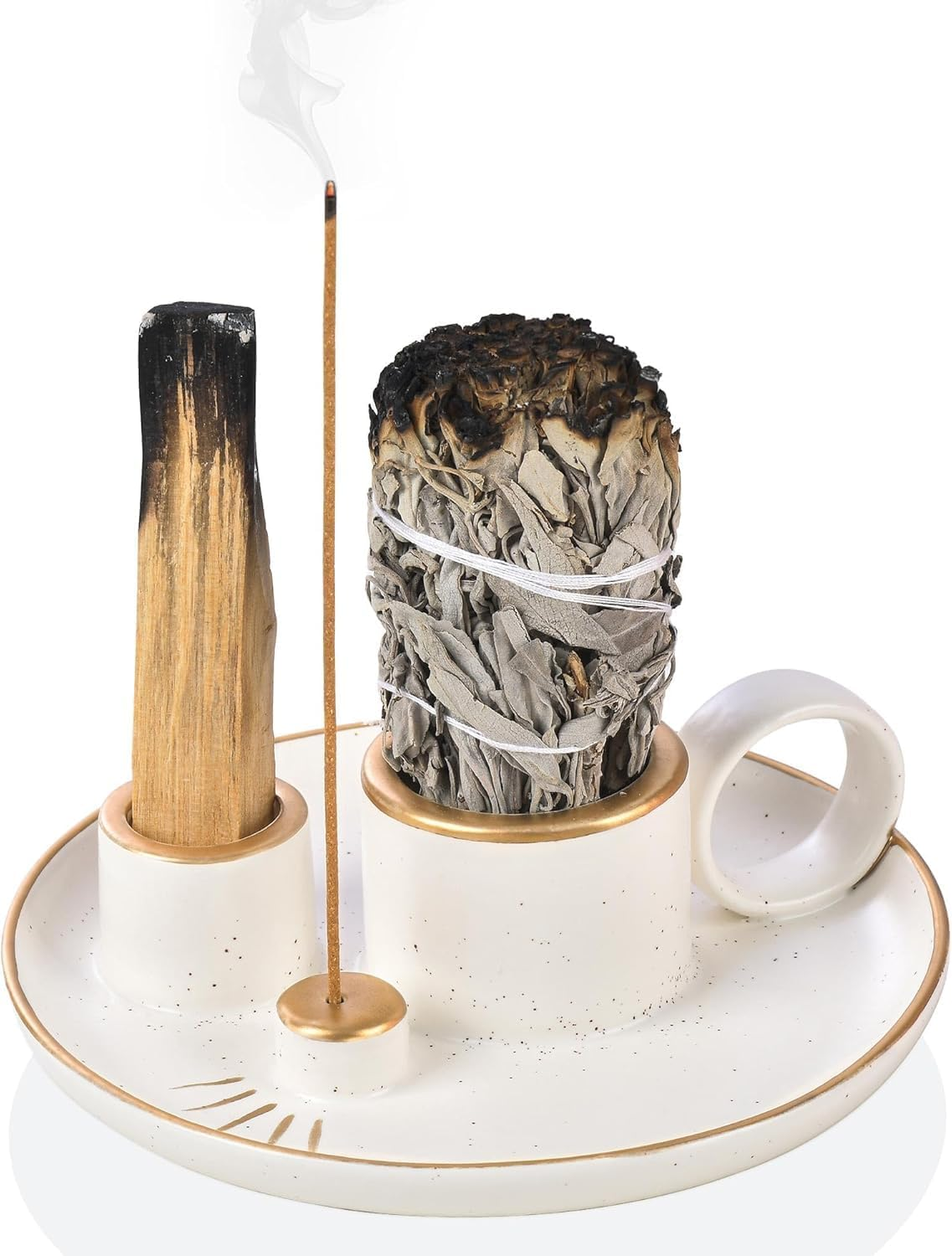 LIGHUFEIC Incense Holder,4-In-1 Palo Santo & Sage Incense Holder,5.9" Ceramic Burner with Handle, Ash Catcher Tray & White Candle Holder - for Meditation, Home Decor & Zen Gifts. image number 3