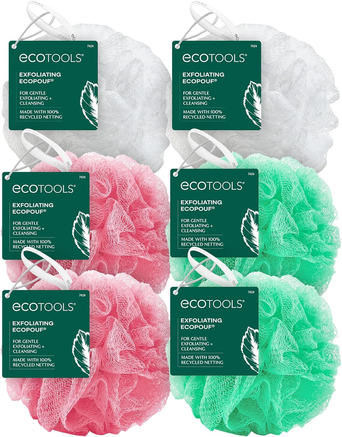 Ecotools Exfoliating Ecopouf, Shower Loofah Scrubs & Cleanses, Pouf with Recycled Netting, Exfoliation Removes Dead Skin, Eco-Friendly Bath Accessory, Cruelty-Free, Color May Vary, 6 Count (60G) image number 6