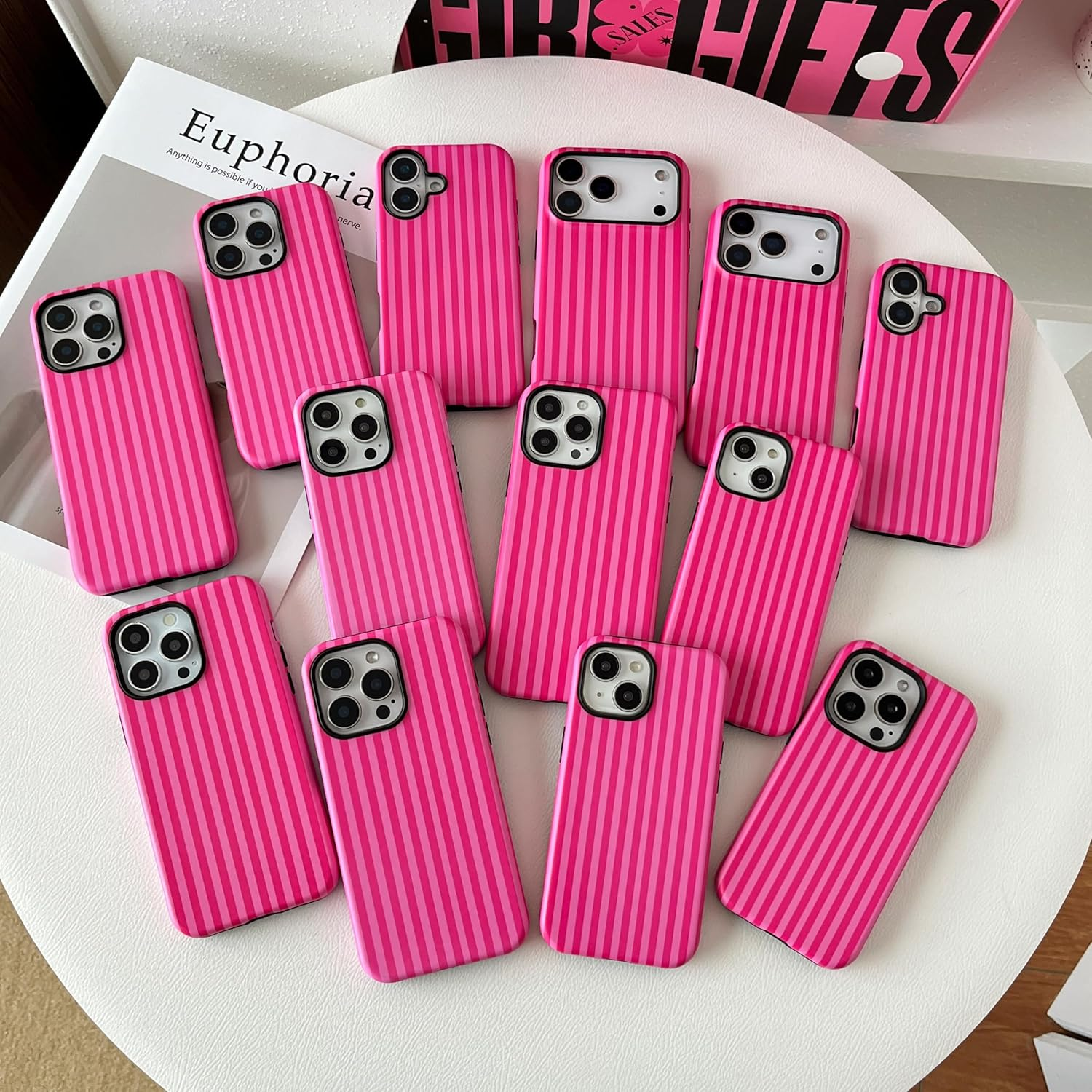 TQLGY for Iphone 17 Case, Cute Striped Phone Case Shockproof Slim Soft TPU and Hard PC Protective Cover for Women Girls, Hot Pink