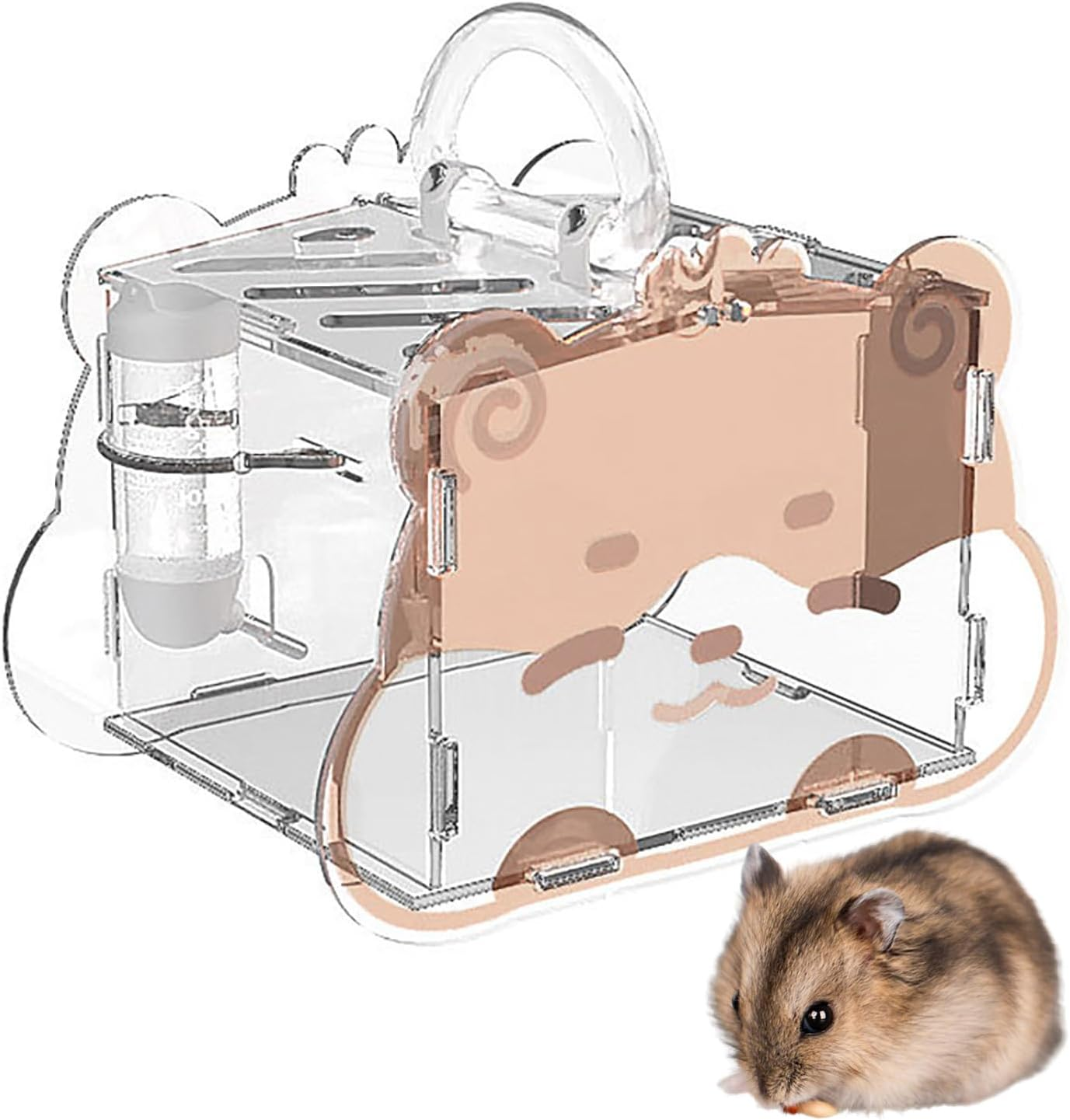 LIFEBEA Portable Hamster Carrier &ndash; 360&deg; Clear Acrylic Travel Cage with Water Bottle & Food Bowl | Ventilated Small Animal Transport for Dwarf Hamsters, Guinea Pigs, Sugar Gliders (Pink)