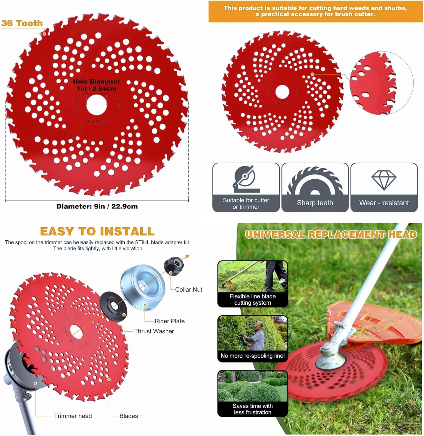 Brush Cutter Kit - 9" X 36T Carbide Tipped Blade, 9" X 20T Carbon Steel Chainsaw Tooth, 10" X 3T Carbon Blade, 6 Steel Razors Trimmer Head for Weed-Eater image number 5