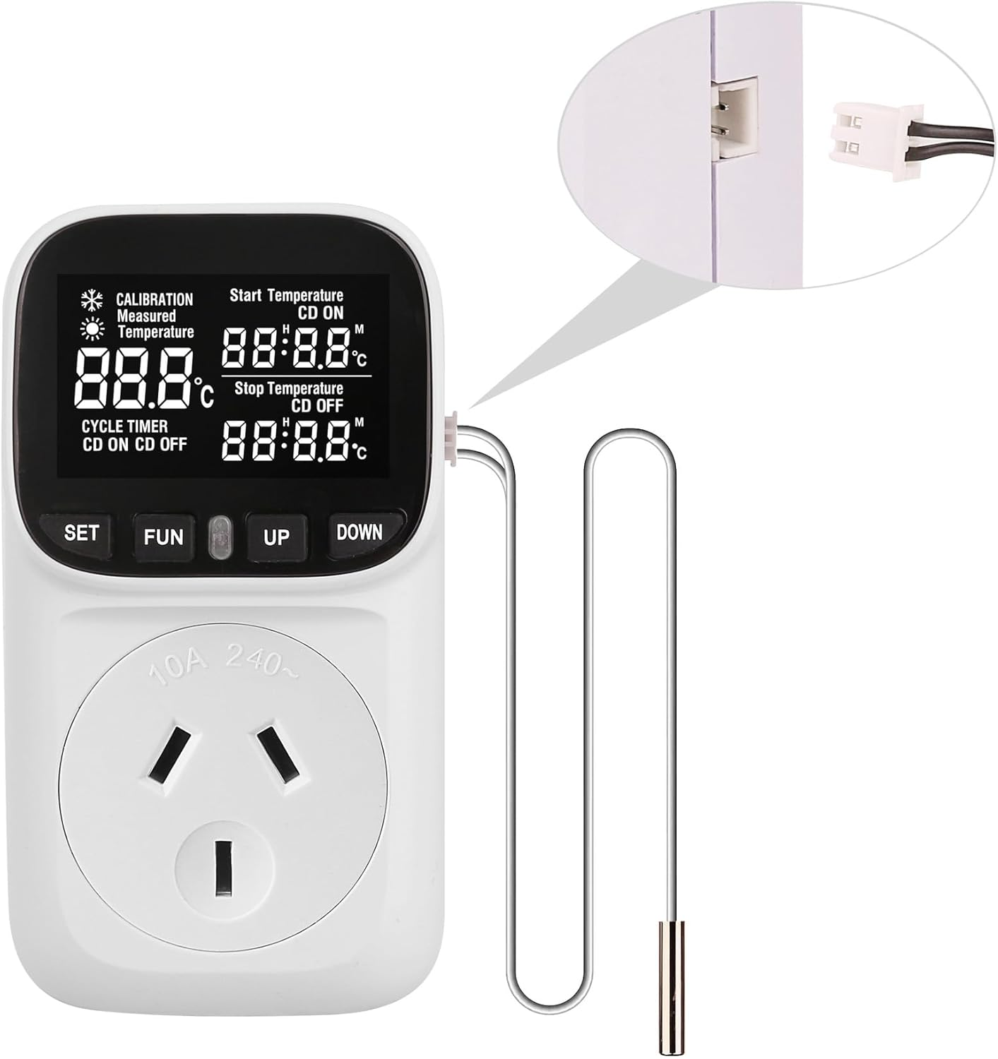 2400W Digital Temperature Controller Plug in Thermostat Outlet Digital RV Thermostat Heating Cooling Mode Timer Socket 10A /240V Heating Cooling Control -40℃~120℃ with 2.0M Sensor image number 1