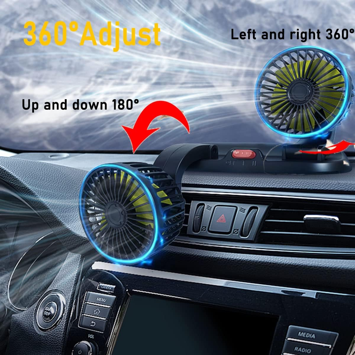 Car Fan 12V, Electric Car Cooling Fan with 360 Degree Adjustable Dual Head Cigarette Lighter Plug,Low Noise Automobile Vehicle Fan for Car Truck Van SUV RV Boat image number 3