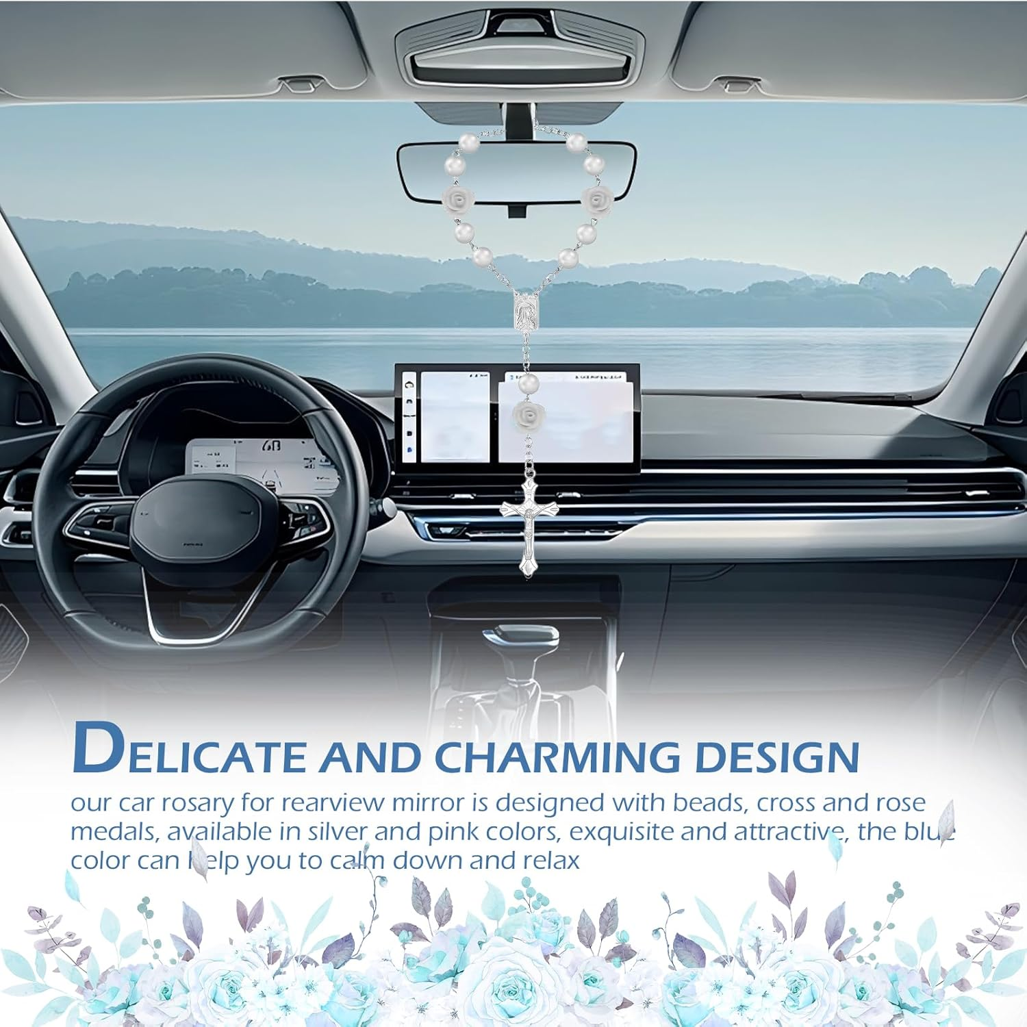 2PCS Car Rose Rosary for Rearview Mirror, Personalized Blessing Rear View Mirror Hanging Decors, Car Rose Cross Pendant, Auto Interior Hanging Accessories (White) image number 6