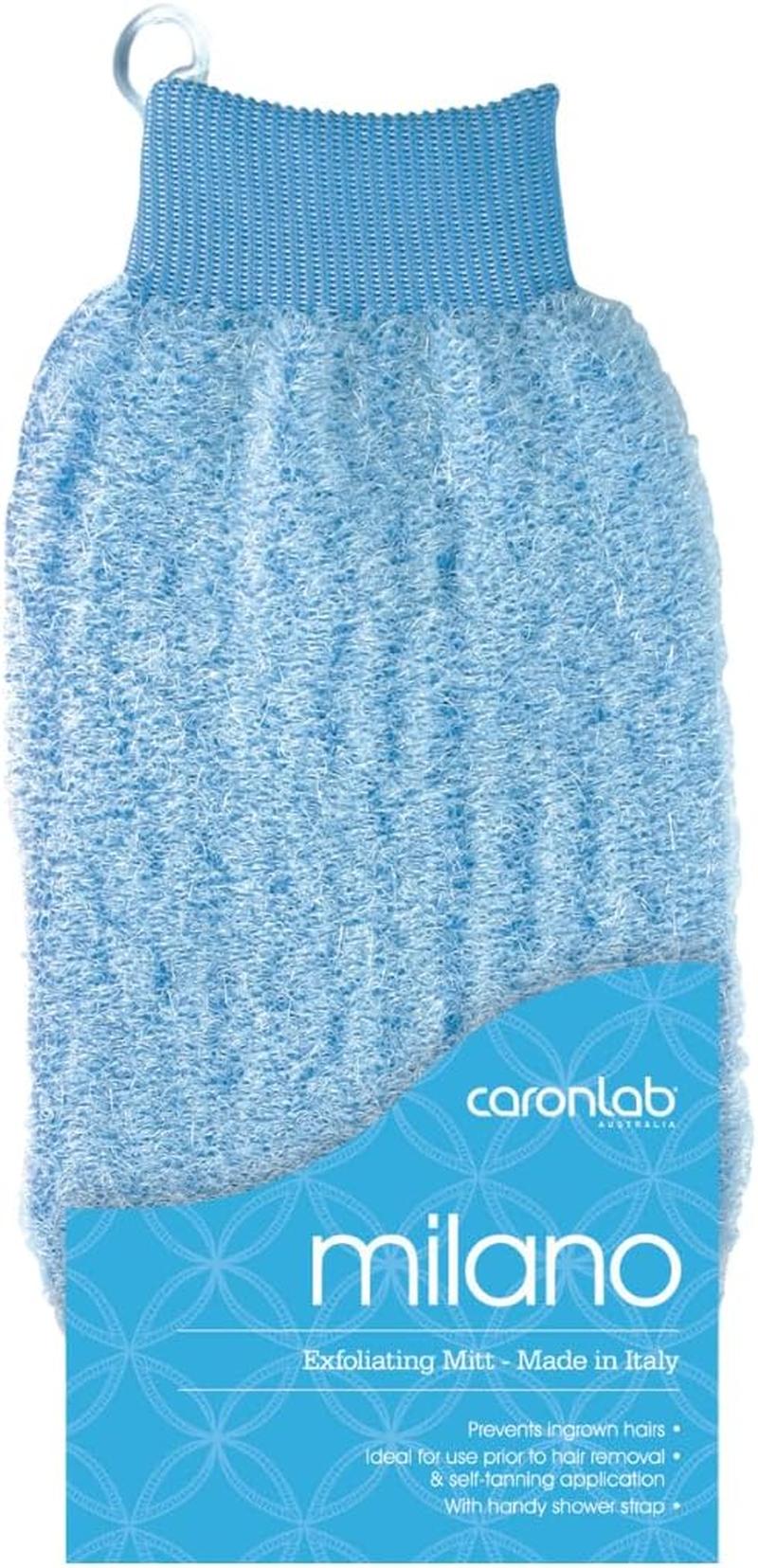 Caronlab Milano Mitt Pastel Blue - Has a Unique Blend of Fibres That Massage Away Dead Skin Cells and Improves Circulation - Use to Prevent Ingrown Hairs and Remove Tan image number 1