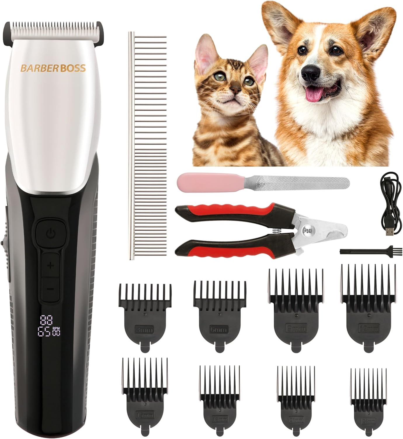 Barberboss Pet Clipper - Slim Design 100% Waterproof Multiple Accessories 8 Combs Ceramic Head LED Indicator Dog Cat Trimmer QR-9083 image number 2