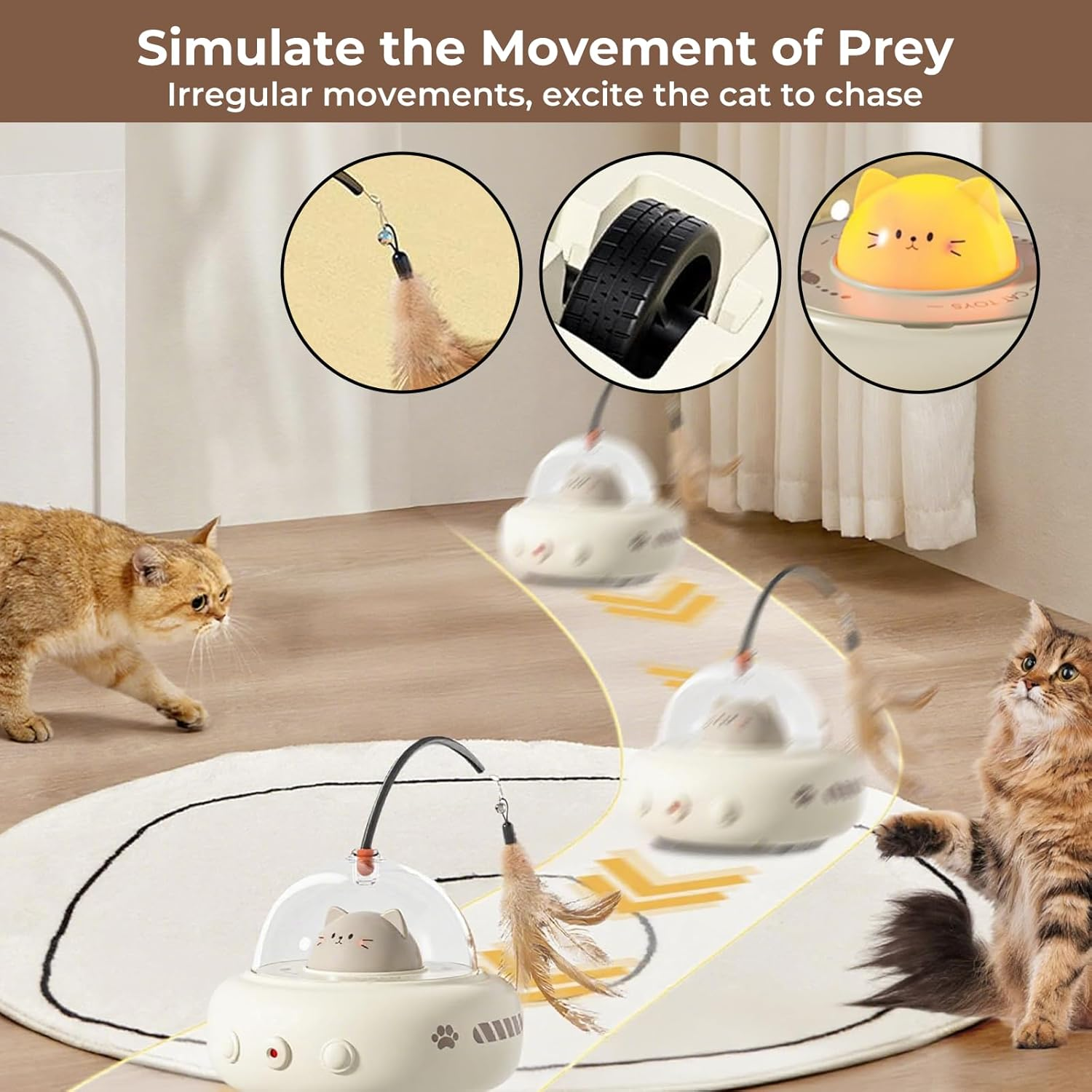VCCLFSIA Automatic Laser Cat Toy, 2-In-1 Interactive Cat Toys with Laser and Feather Cat Wand for Indoor Cats, Self-Moving Rechargeable Cat Teaser Toys