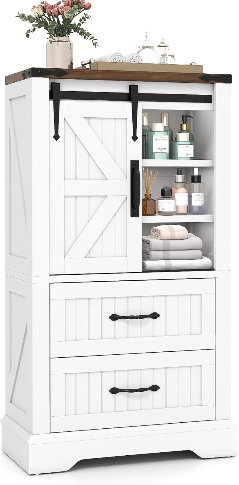 Giantex Farmhouse Bathroom Floor Cabinet, Freestanding Storage Cabinet with Sliding Barn Door, Adjustable Shelves & 2 Storage Drawers, Wooden Storage Organizer image number 6