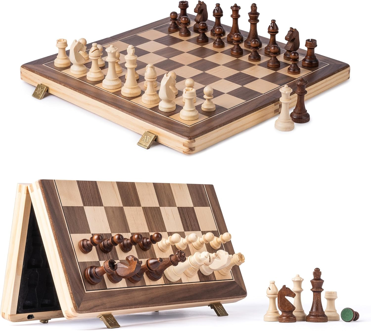 A&A 15" Magnetic Wooden Chess Set/Folding Board / 3" King Height German Knight Staunton Chess Pieces/2 Extra Queen image number 2