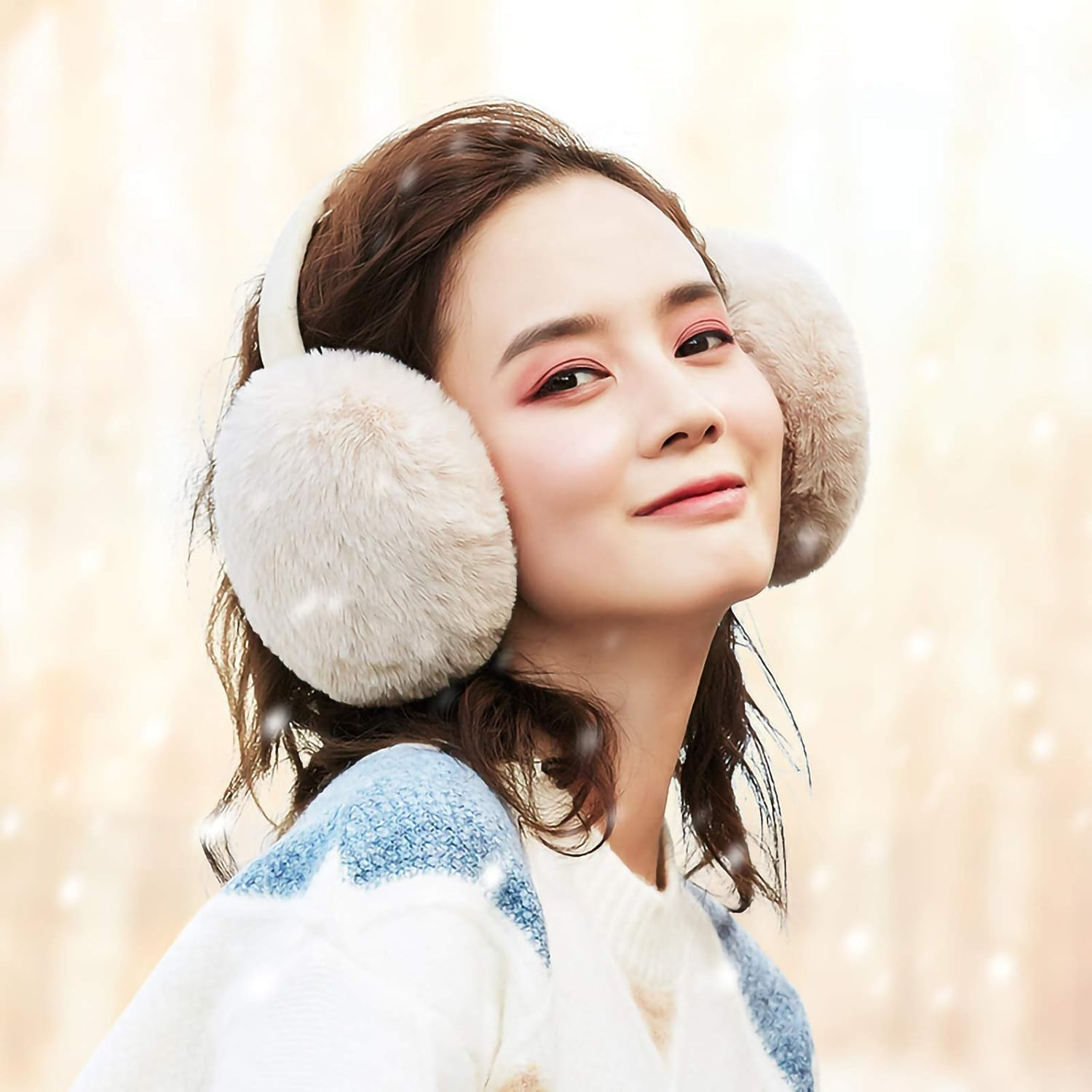 LCXSHYE Winter Ear Muffs Faux Fur Warm Earmuffs Cute Foldable Outdoor Ear Warmers for Women Girls - Beige image number 2