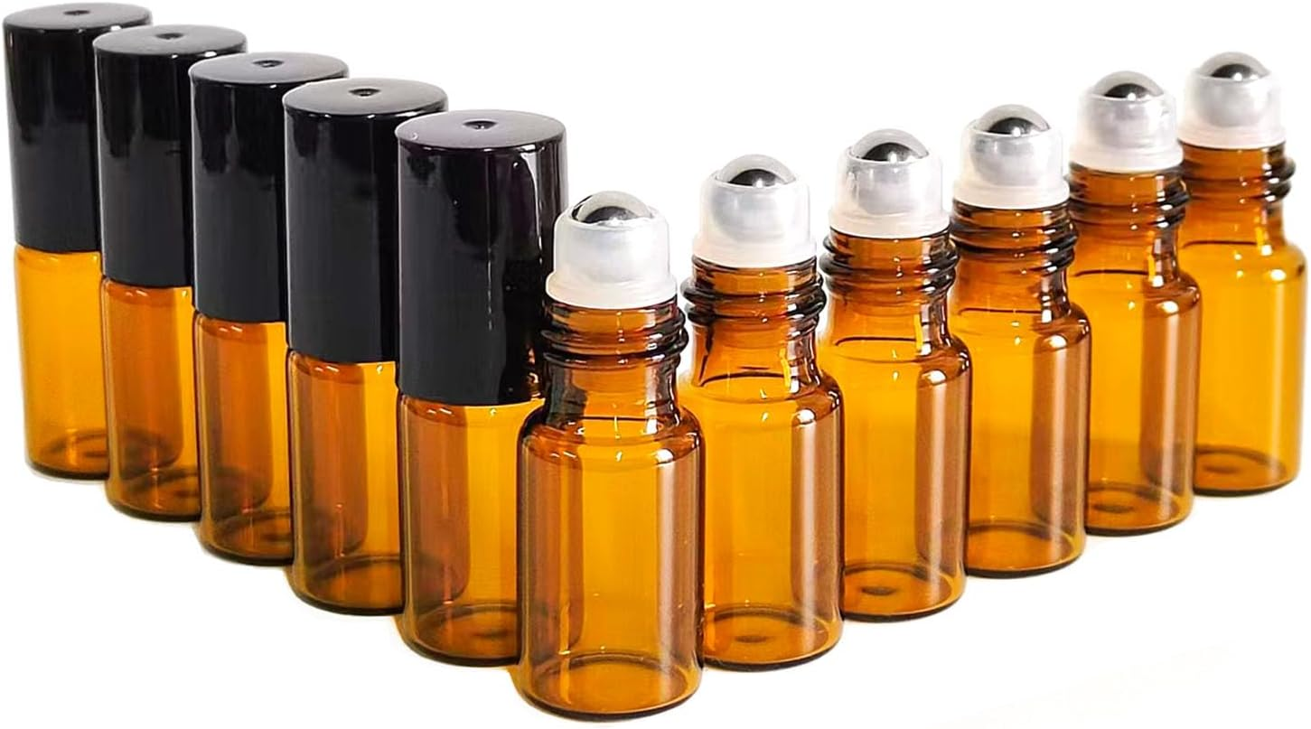 50 PCS 3Ml Amber Glass Roller Bottle,Essential Oil Sample Vials with Stainless Steel Roller Ball,Black Caps,For Travel Perfume Cosmetics Small Container(2 Funnels, 2 Dropper, 1 Opener) (3Ml) image number 6